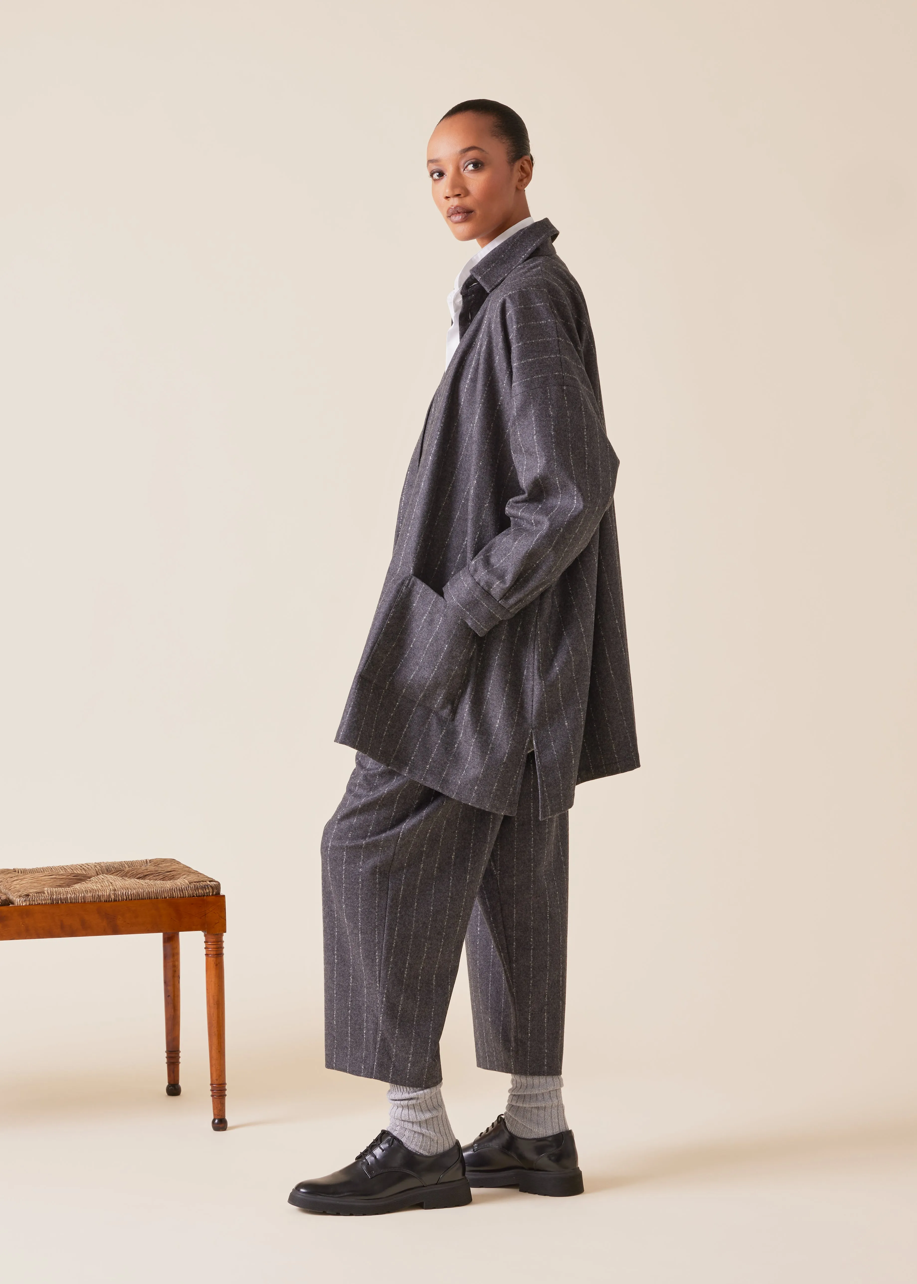 wool cashmere mix wide a-line shirt jacket with collar - long plus sold by eskandar product image thumbnail 3