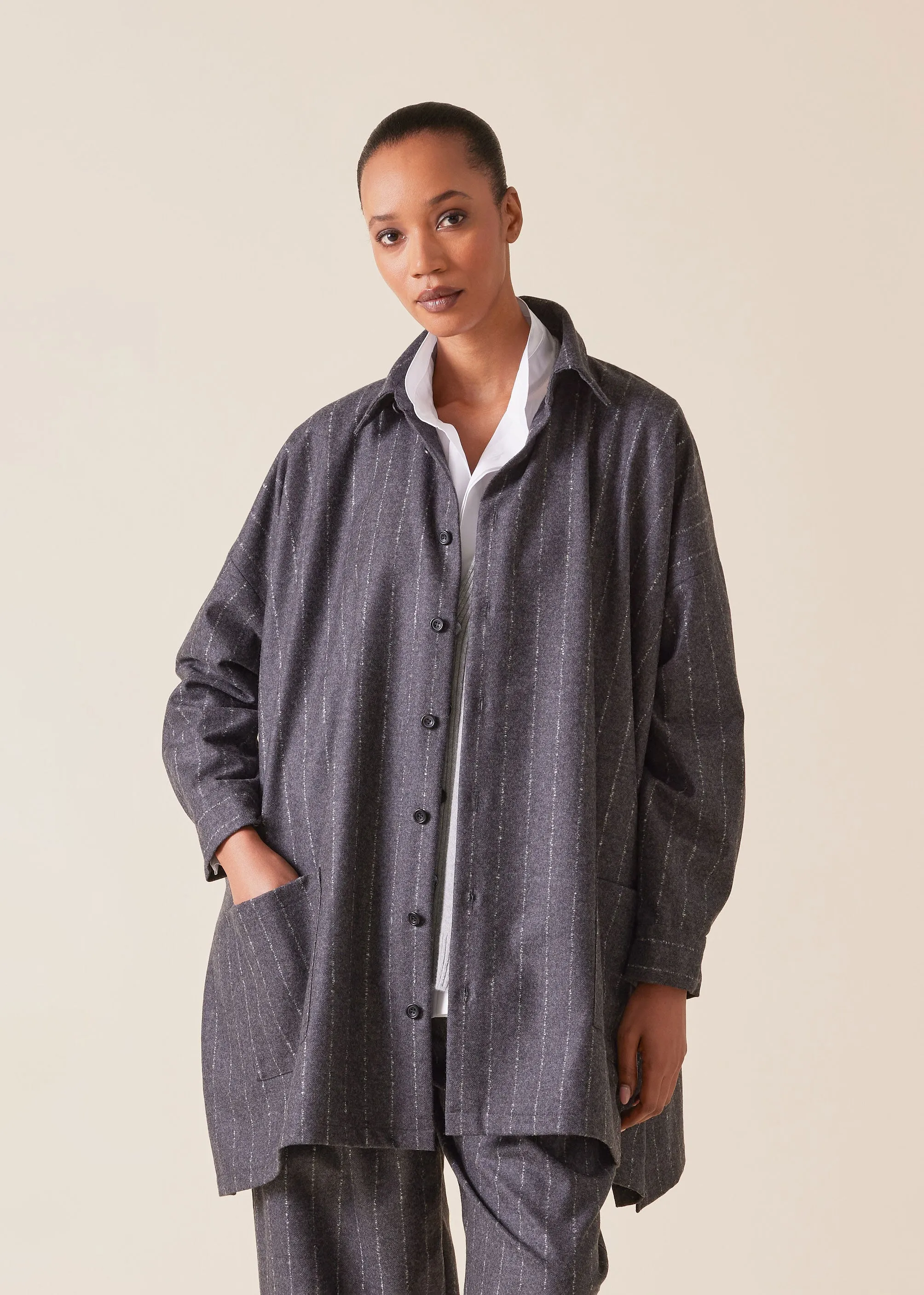 wool cashmere mix wide a-line shirt jacket with collar - long plus sold by eskandar