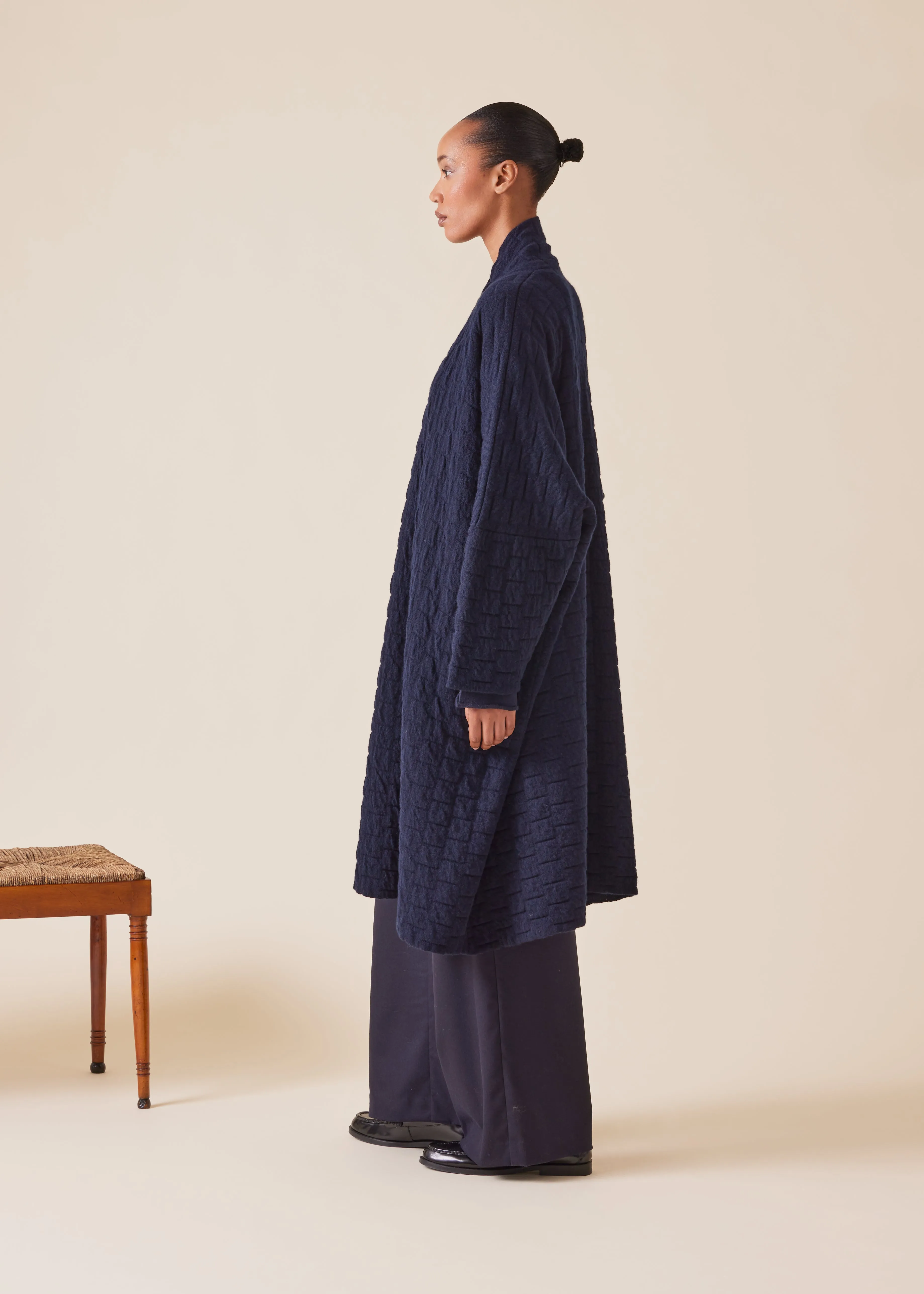 cashmere knitted wide scrunch shawl collar cardigan - 3/4 length (navy) sold by eskandar product image thumbnail 4