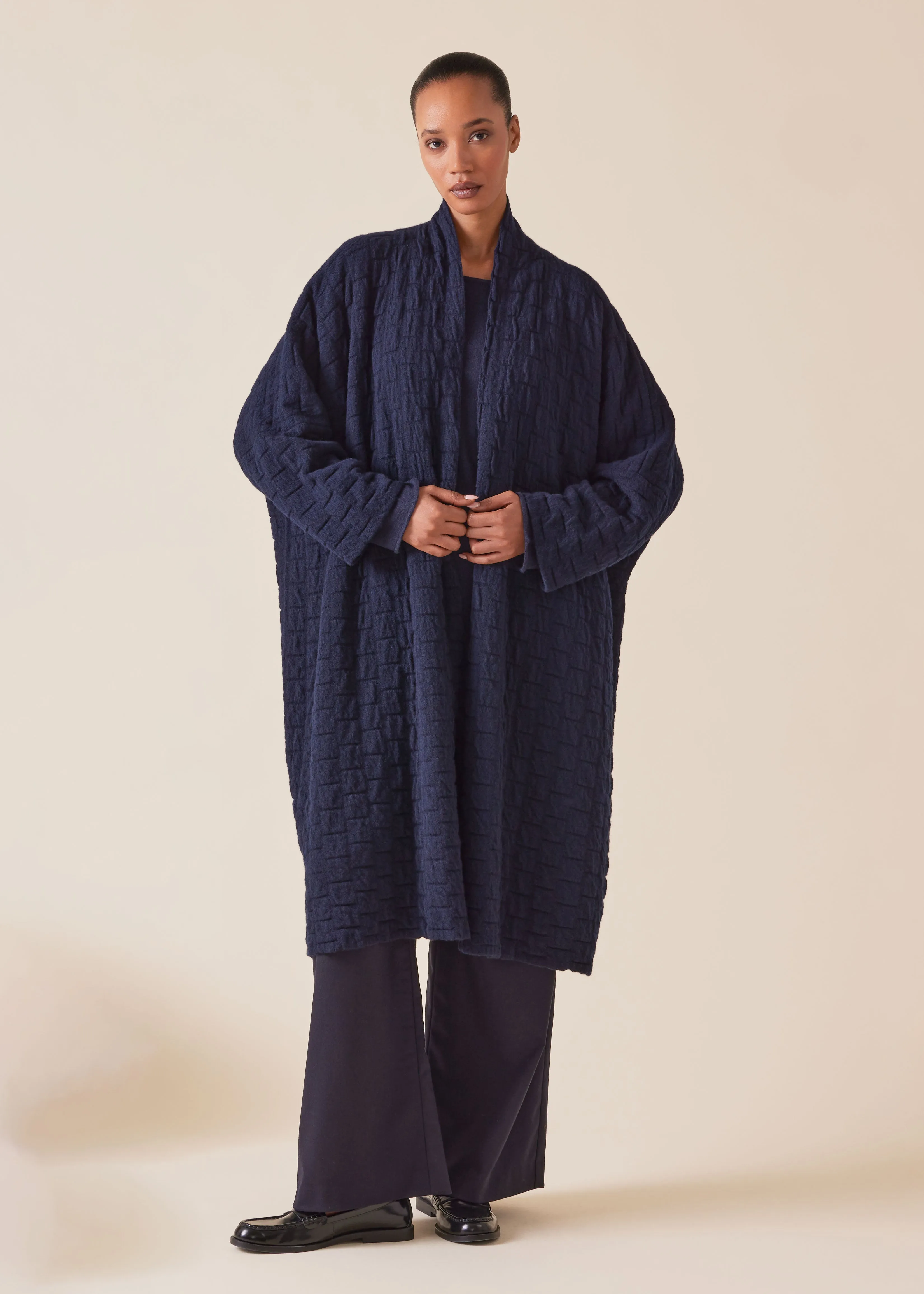 cashmere knitted wide scrunch shawl collar cardigan - 3/4 length (navy) sold by eskandar