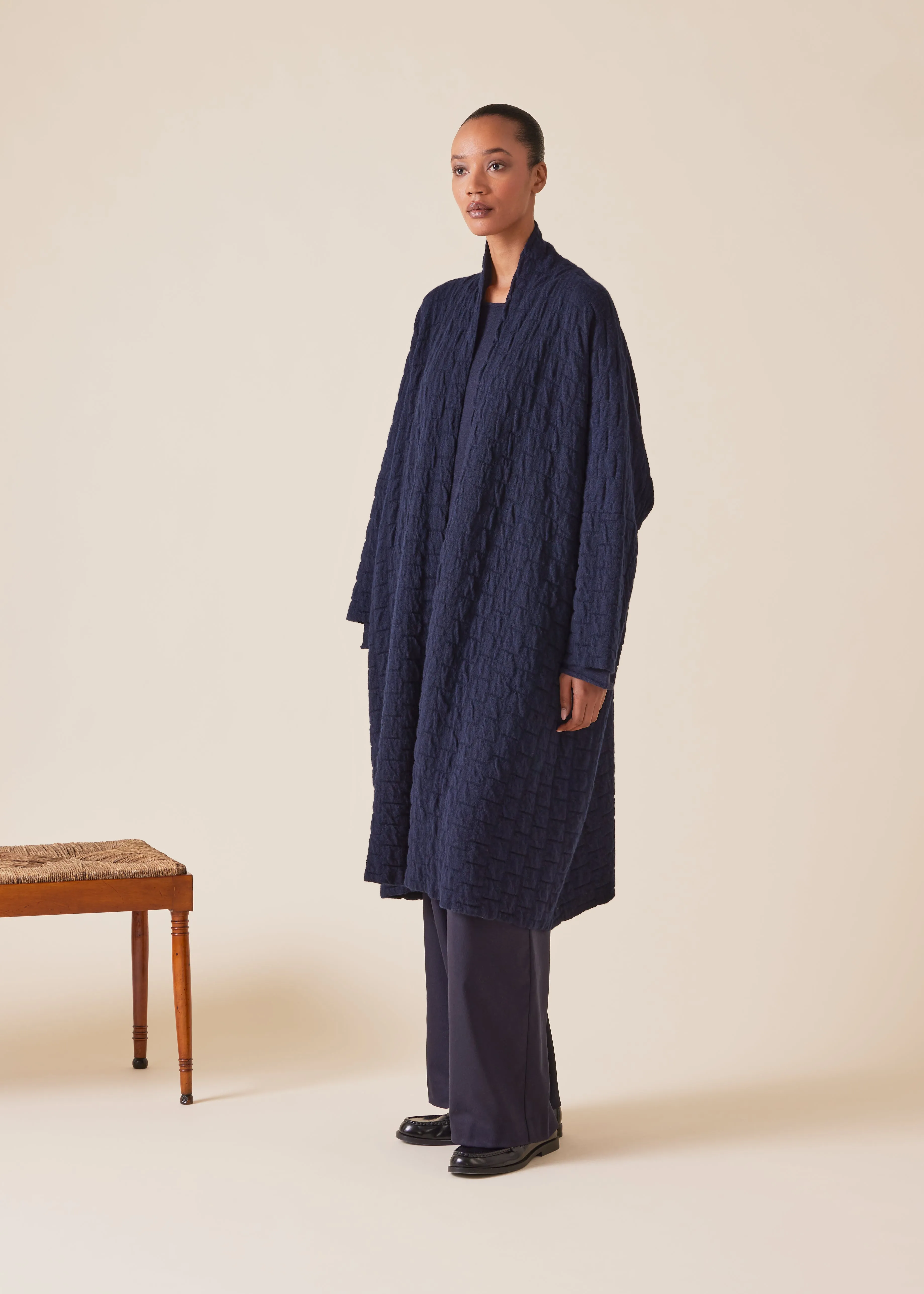 cashmere knitted wide scrunch shawl collar cardigan - 3/4 length (navy) sold by eskandar product image thumbnail 2