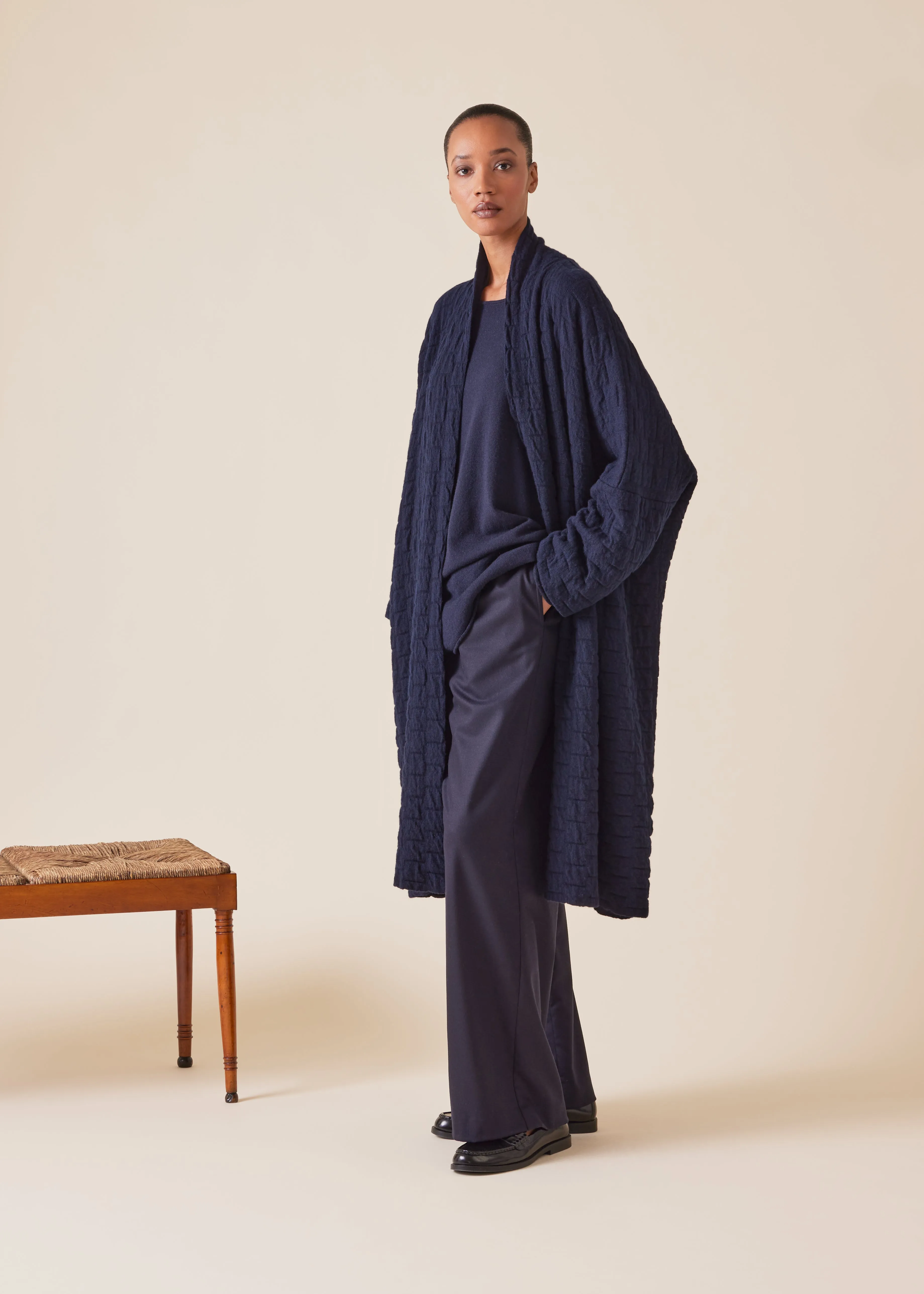 cashmere knitted wide scrunch shawl collar cardigan - 3/4 length (navy) sold by eskandar product image thumbnail 3