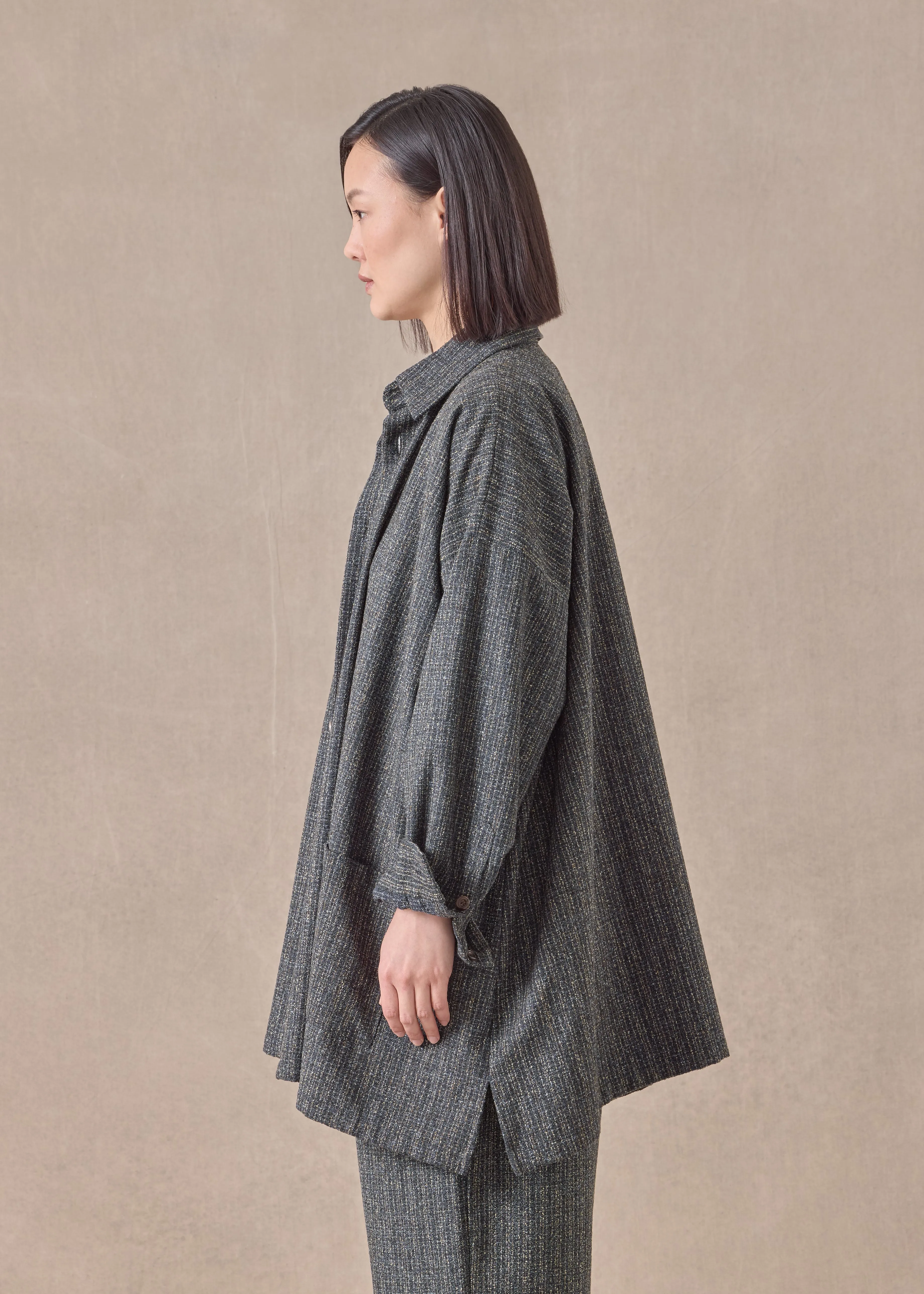 wool silk mix wide A-line shirt jacket with collar - long sold by eskandar product image thumbnail 3