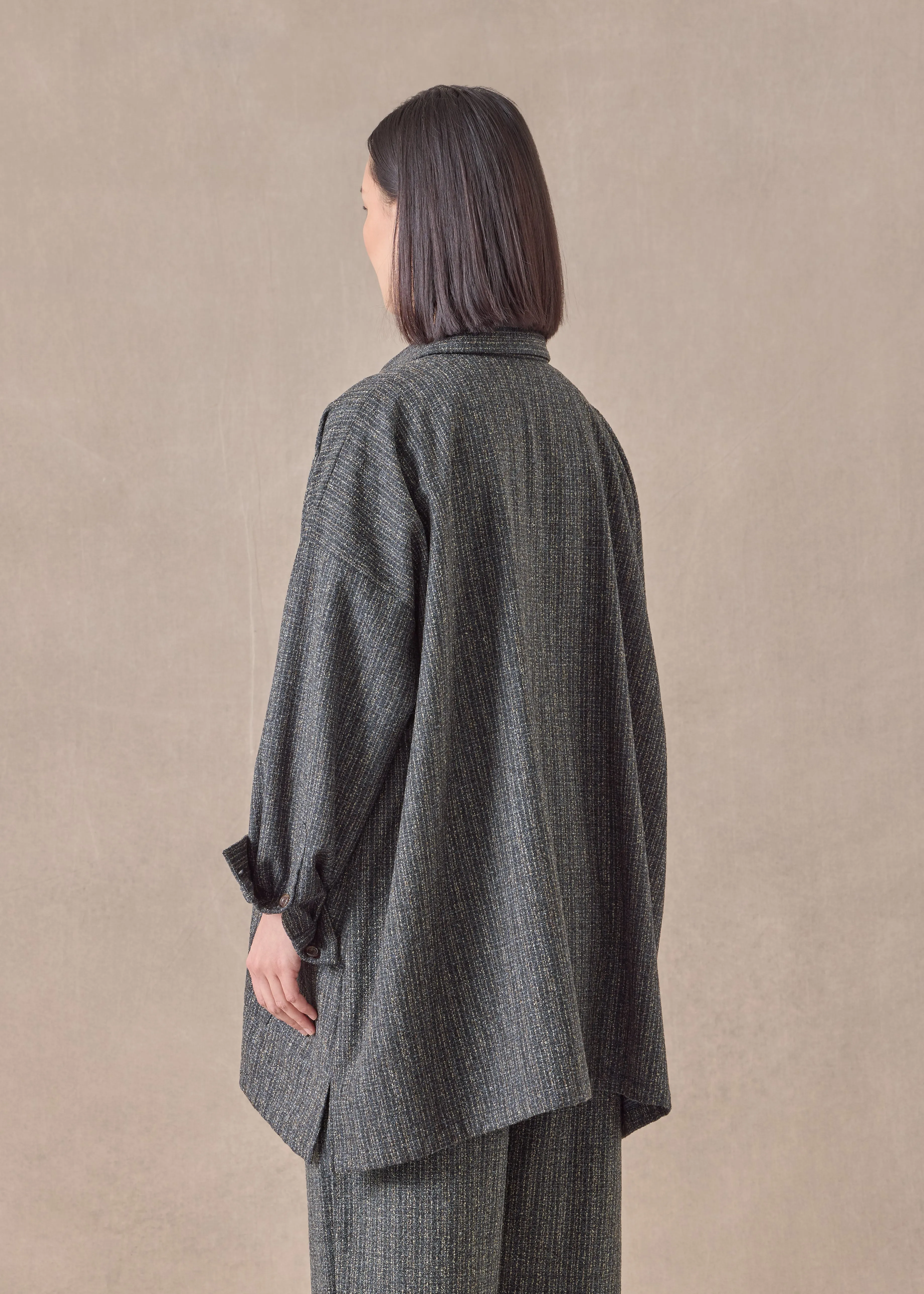 wool silk mix wide A-line shirt jacket with collar - long sold by eskandar product image thumbnail 4