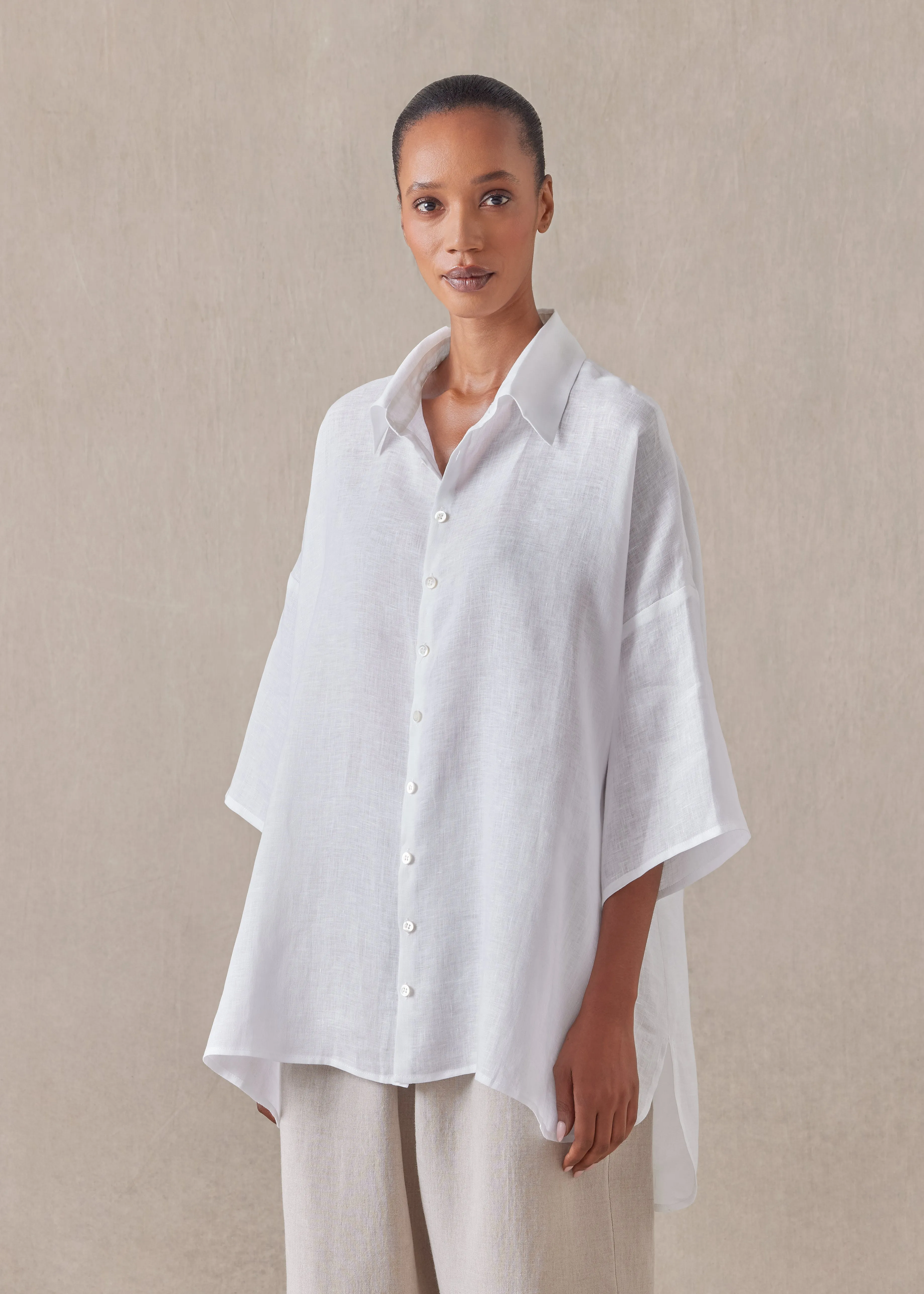 linen sloped shoulder wide a-line short sleeve shirt with collar - long sold by eskandar product image thumbnail 2