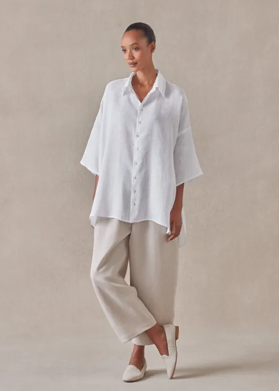 linen sloped shoulder wide a-line short sleeve shirt with collar - long sold by eskandar