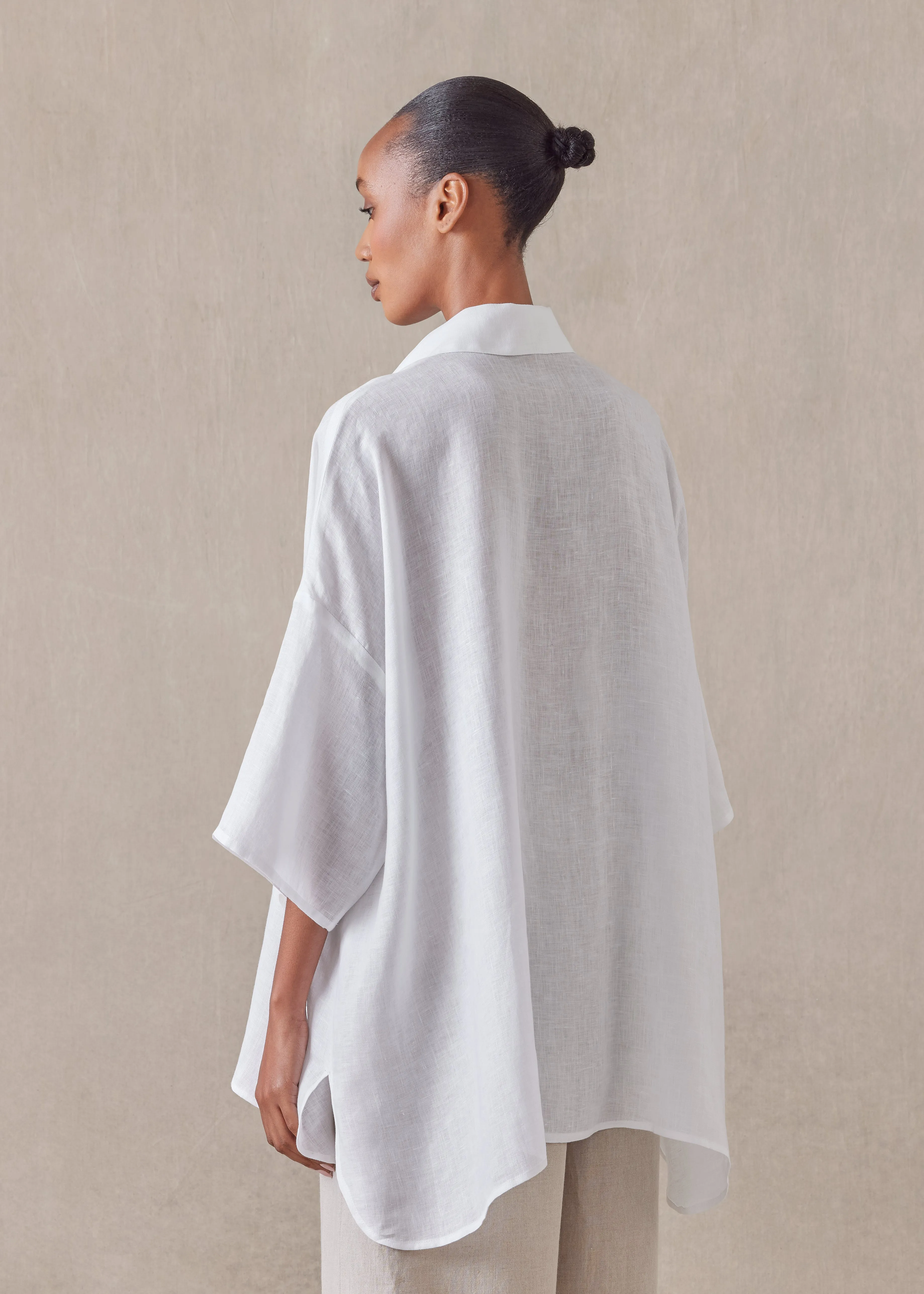 linen sloped shoulder wide a-line short sleeve shirt with collar - long sold by eskandar product image thumbnail 4