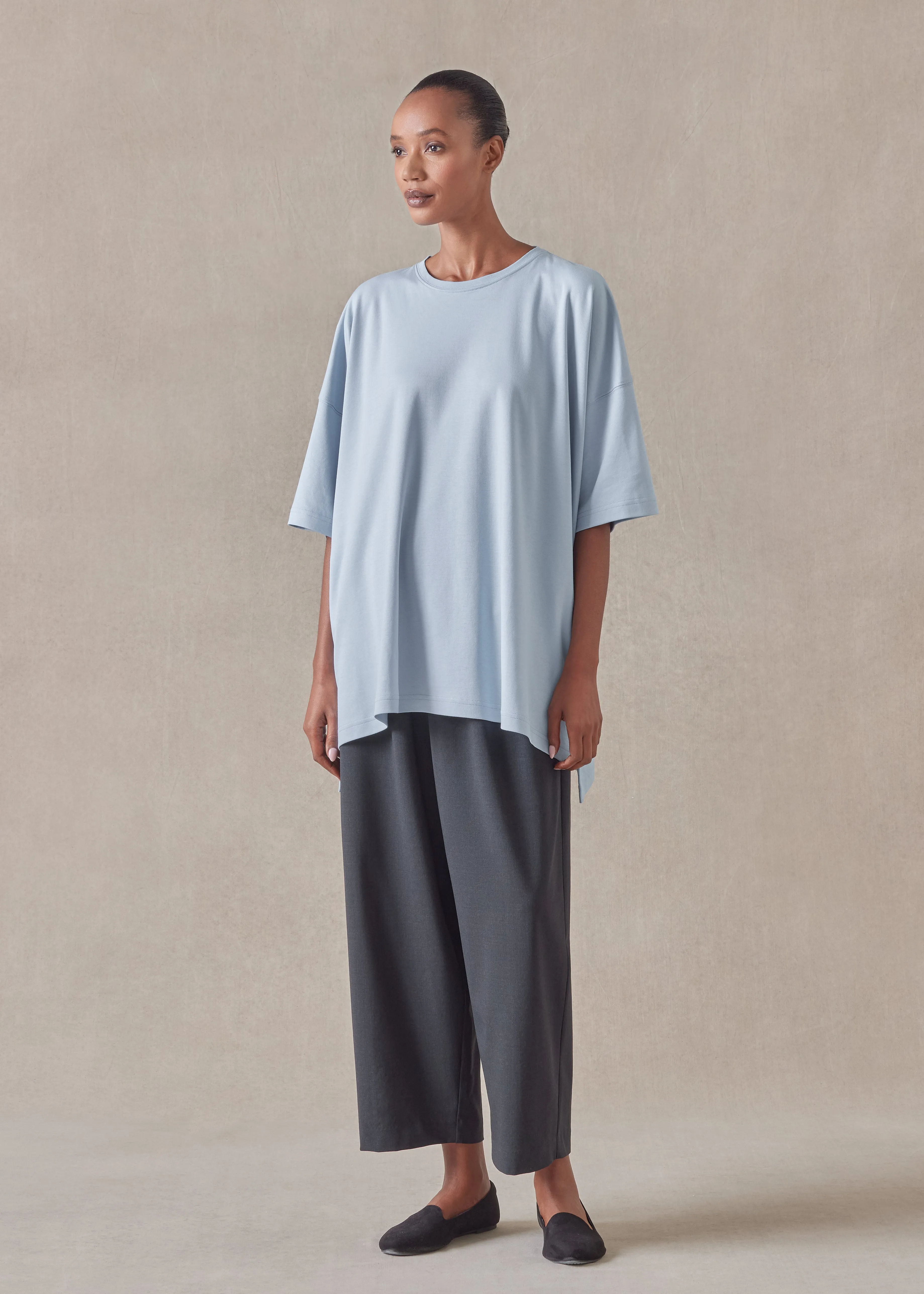 cotton jersey short sleeve longer back round neck t shirt - mid plus sold by eskandar