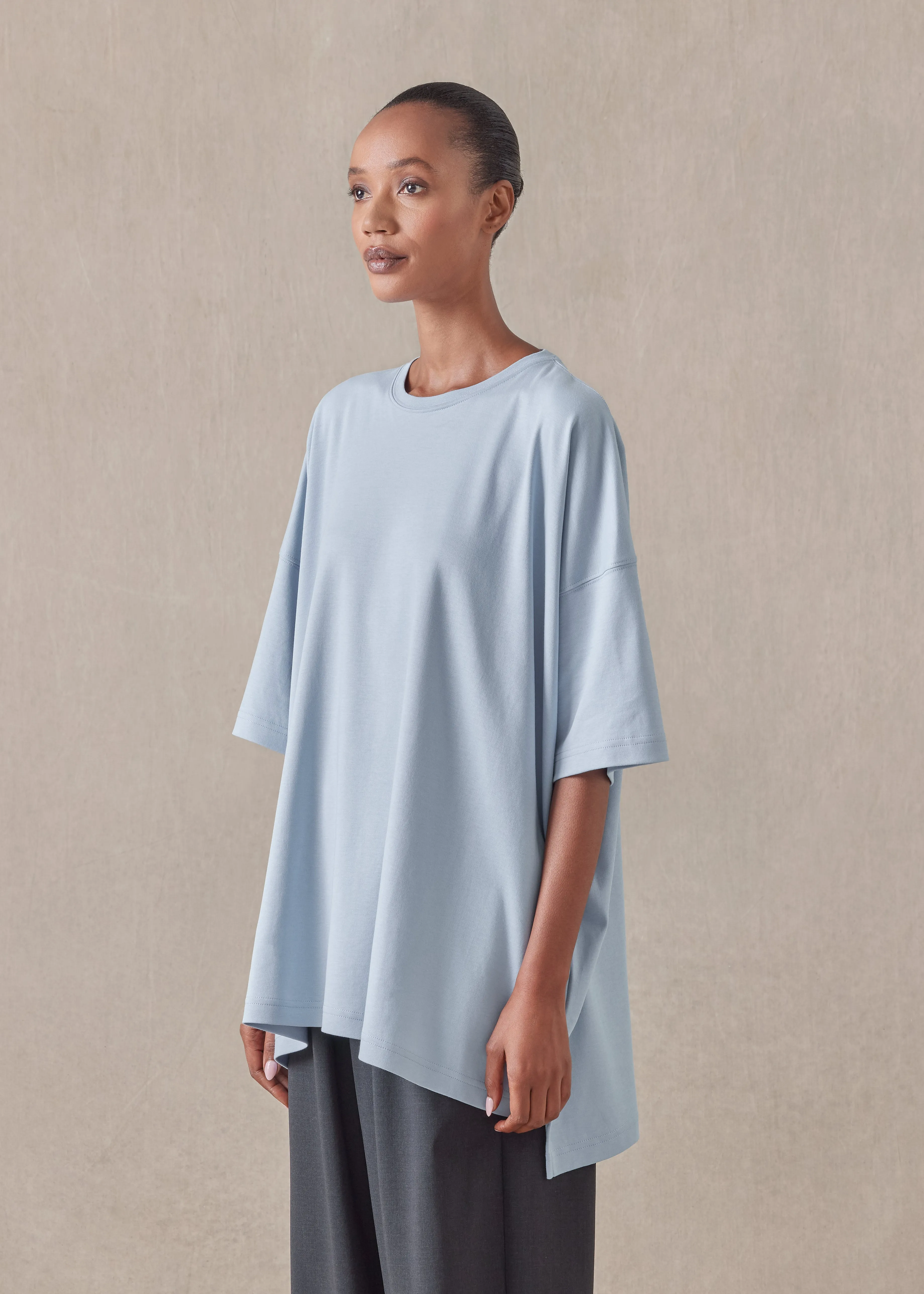 cotton jersey short sleeve longer back round neck t shirt - mid plus sold by eskandar product image thumbnail 2