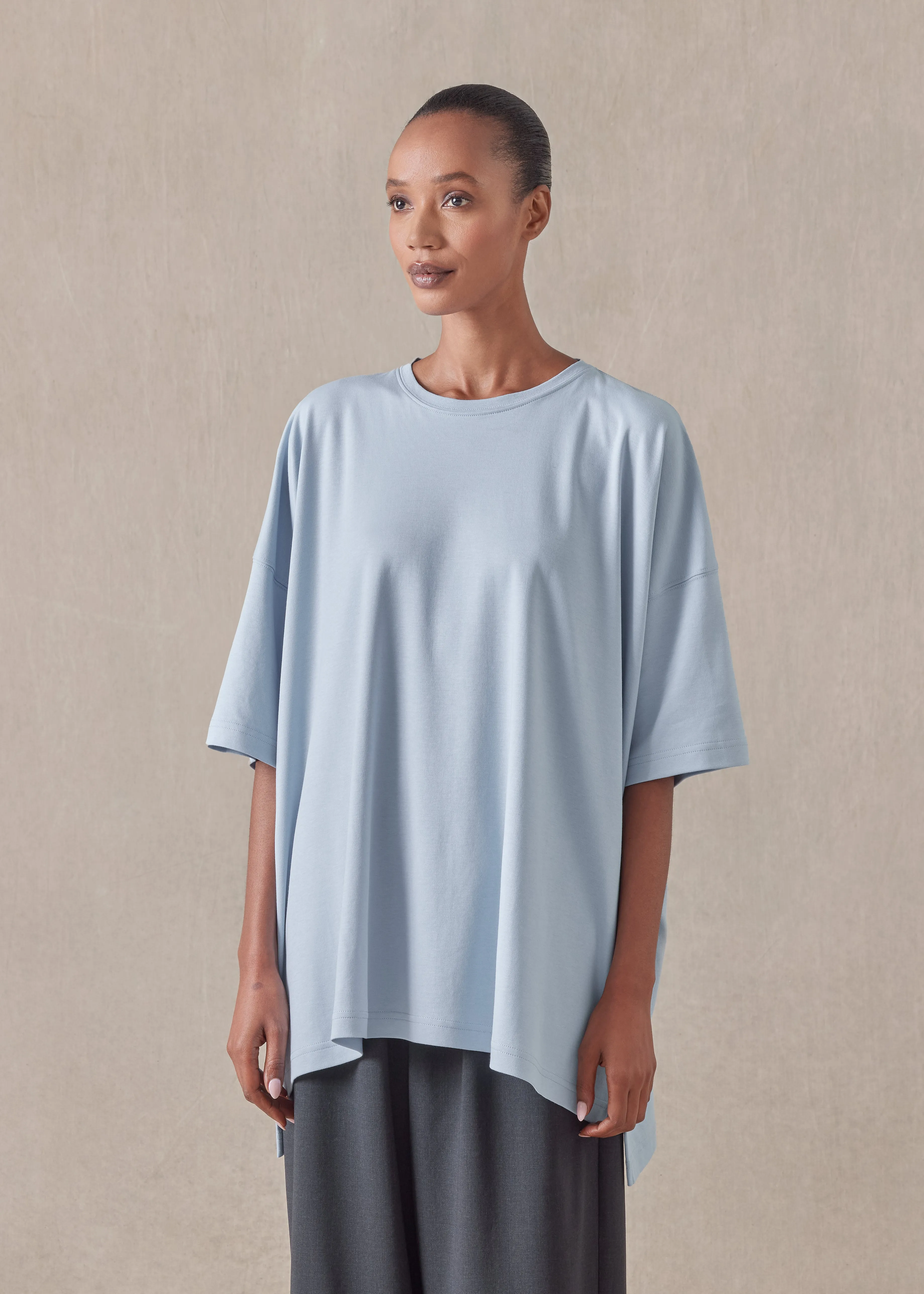 cotton jersey short sleeve longer back round neck t shirt - mid plus sold by eskandar product image thumbnail 3