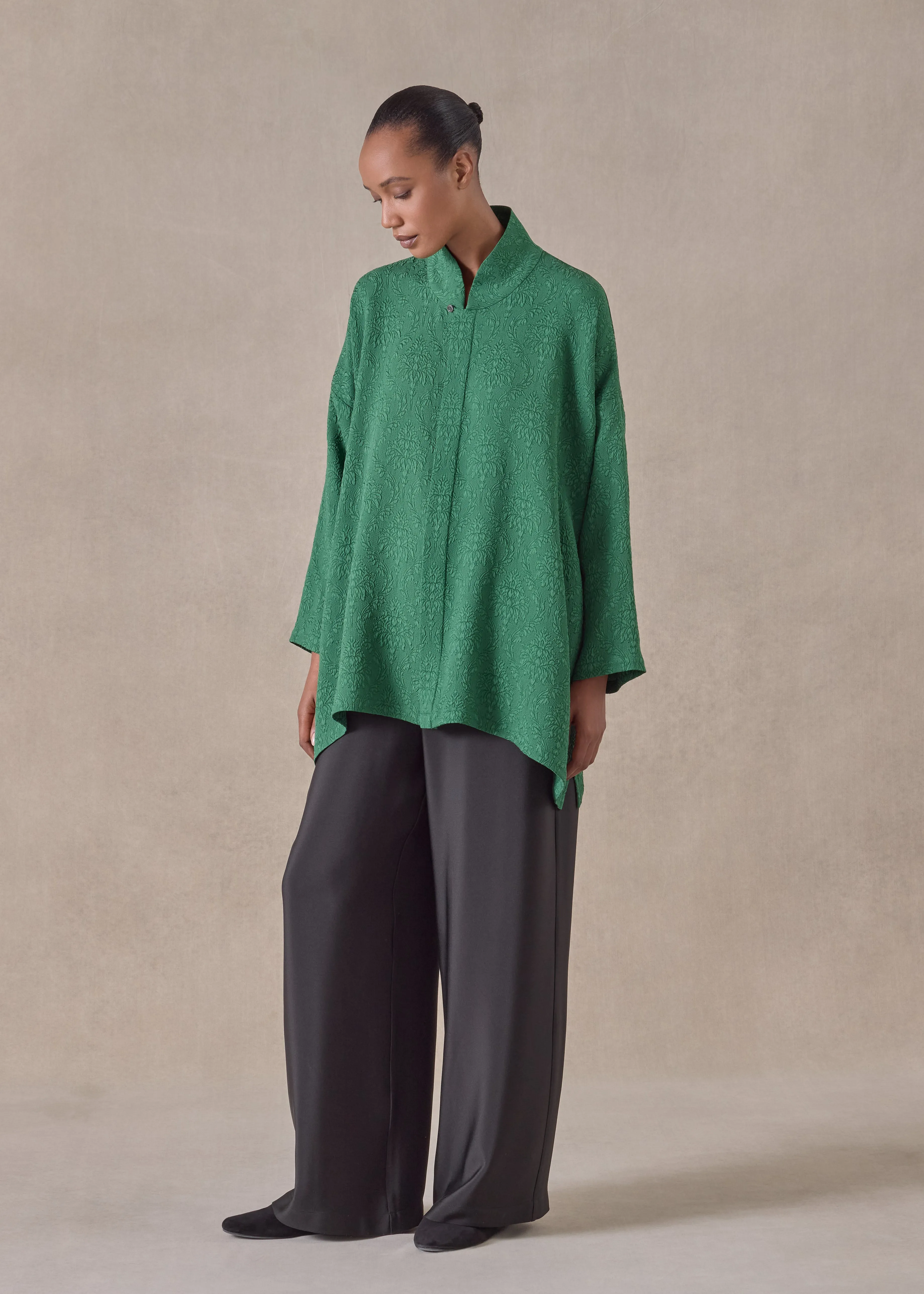 jacquard silk wide a-line shirt with chinese collar - long (emerald) sold by eskandar