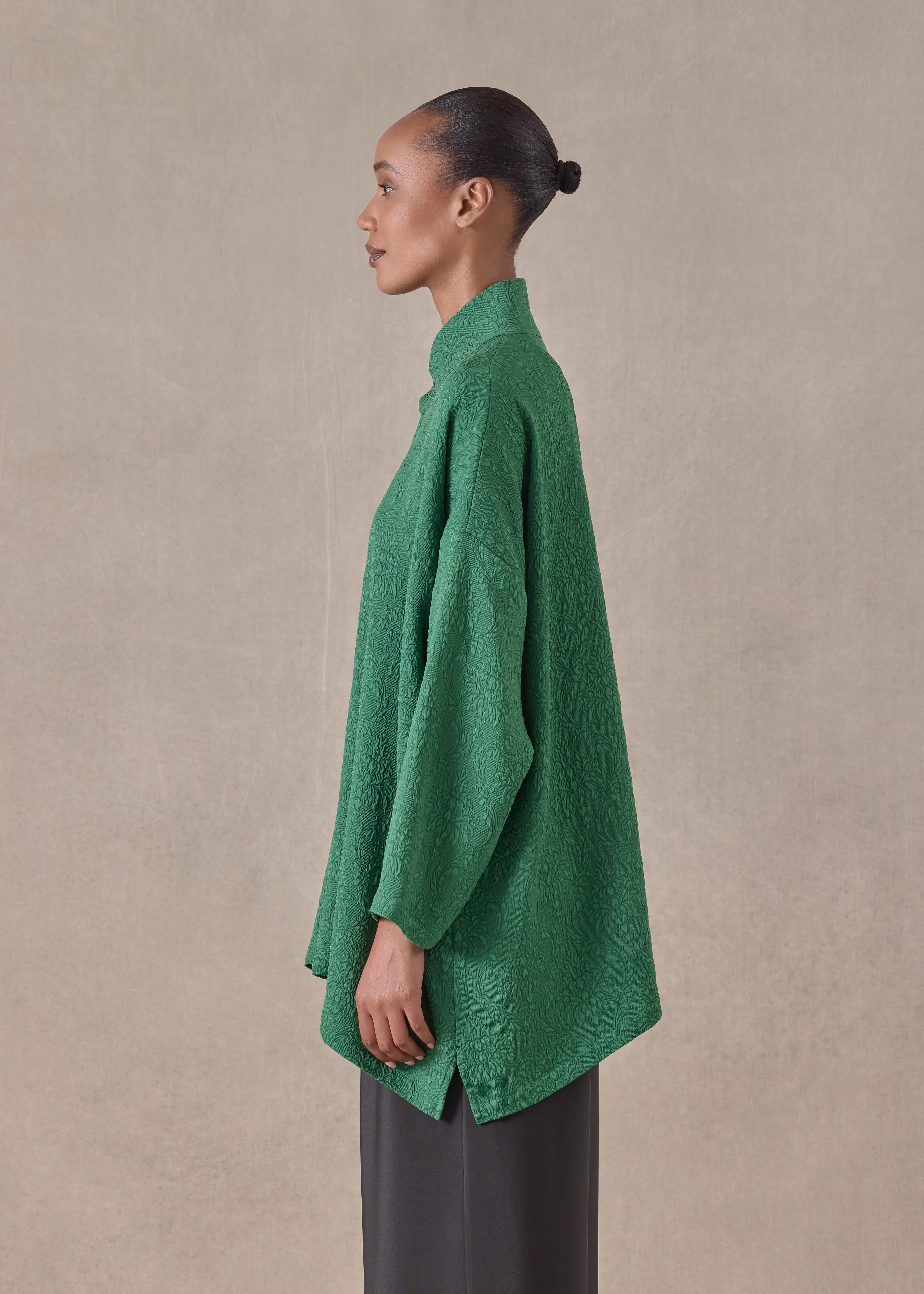 jacquard silk wide a-line shirt with chinese collar - long (emerald) sold by eskandar product image thumbnail 3