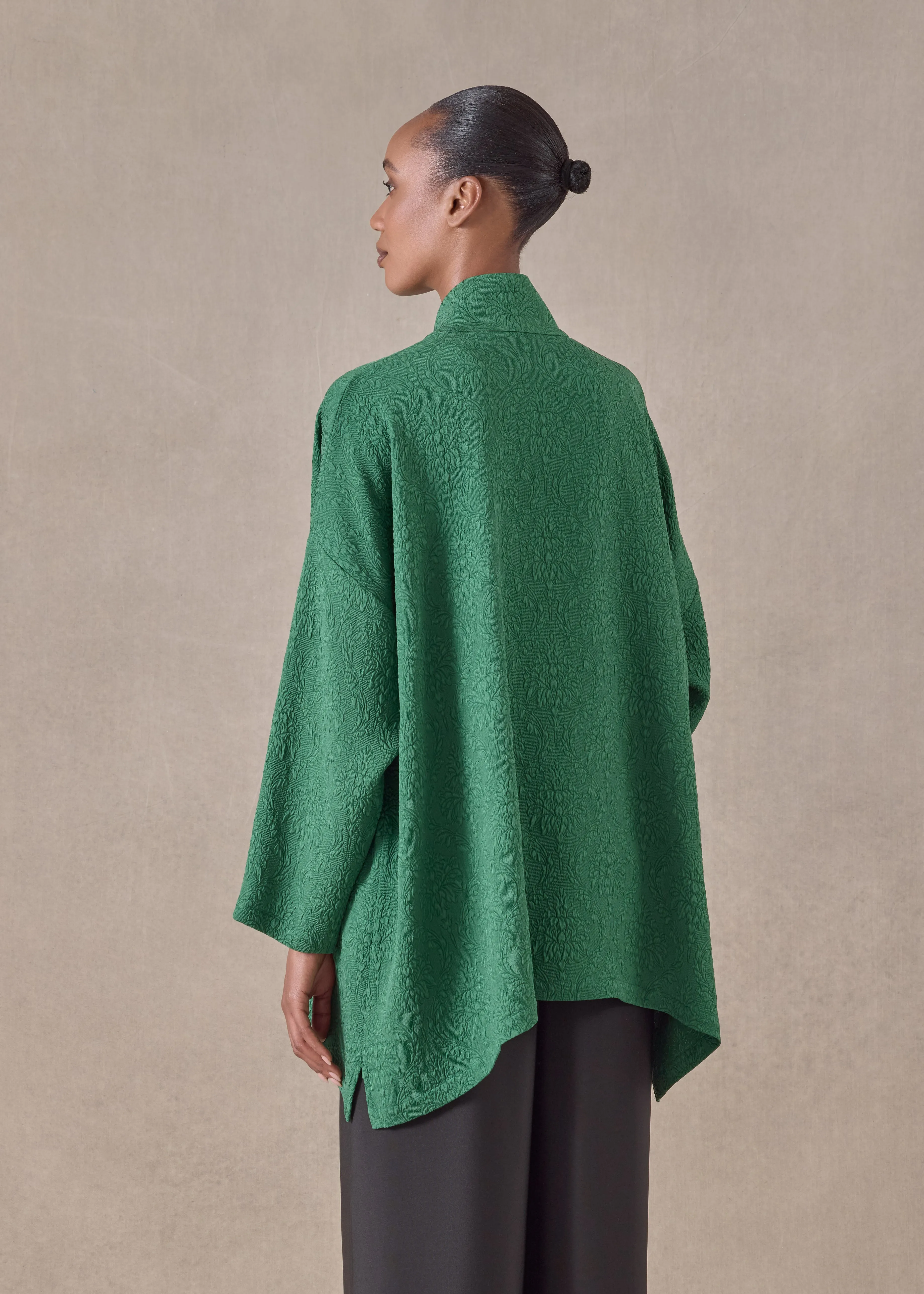 jacquard silk wide a-line shirt with chinese collar - long (emerald) sold by eskandar product image thumbnail 4