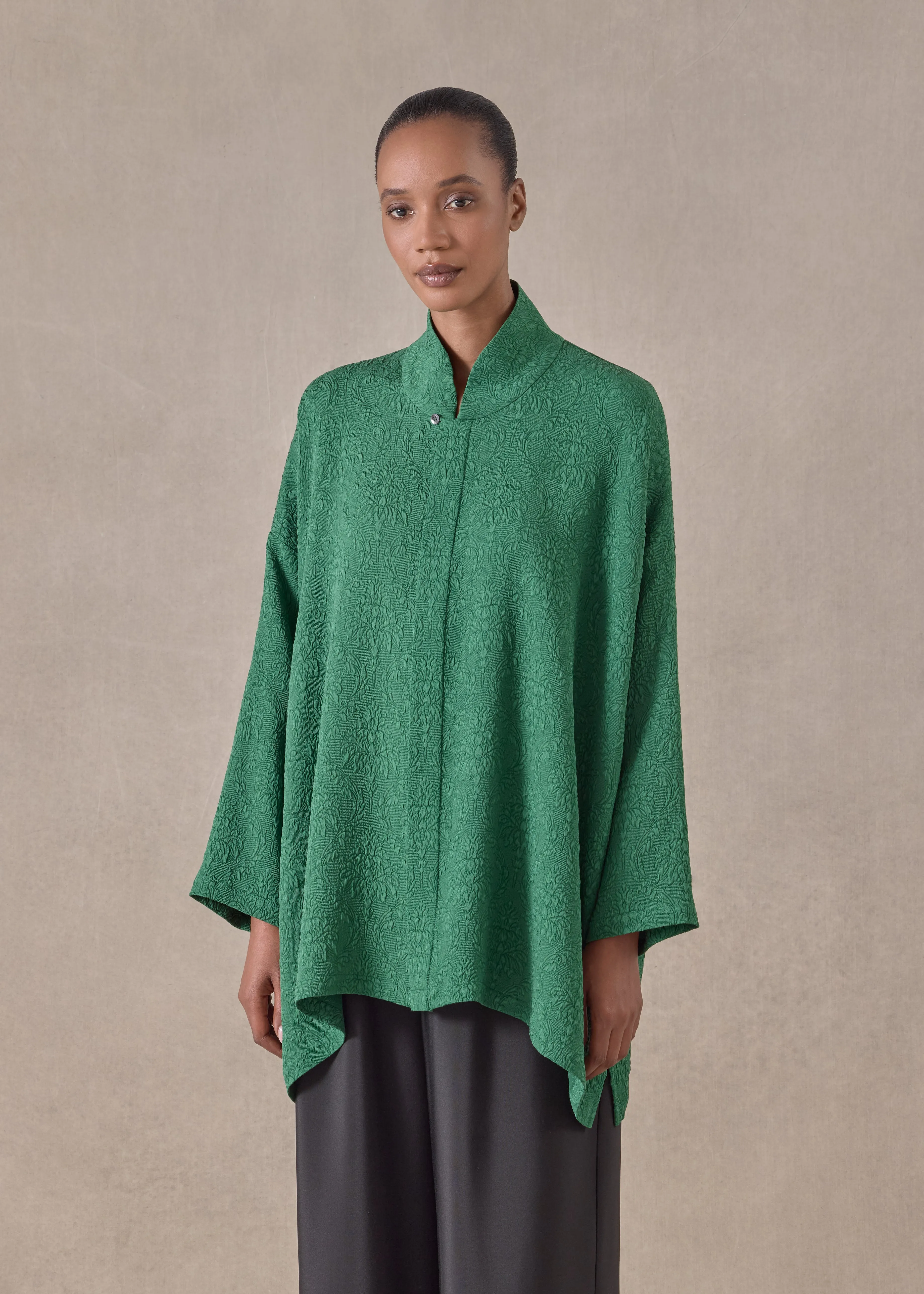 jacquard silk wide a-line shirt with chinese collar - long (emerald) sold by eskandar product image thumbnail 2