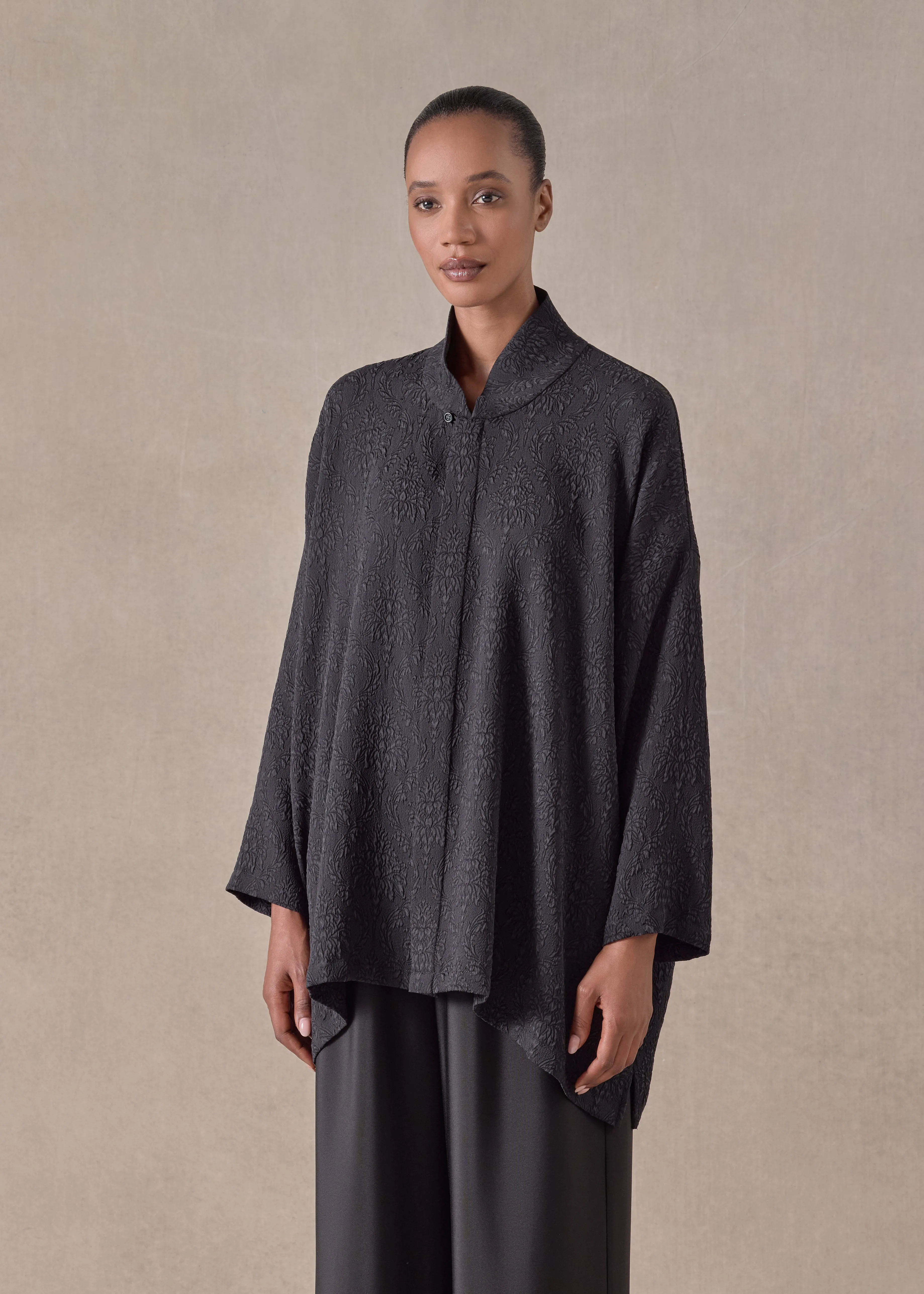 silk wide a-line shirt with chinese collar - long (black) sold by eskandar product image thumbnail 2