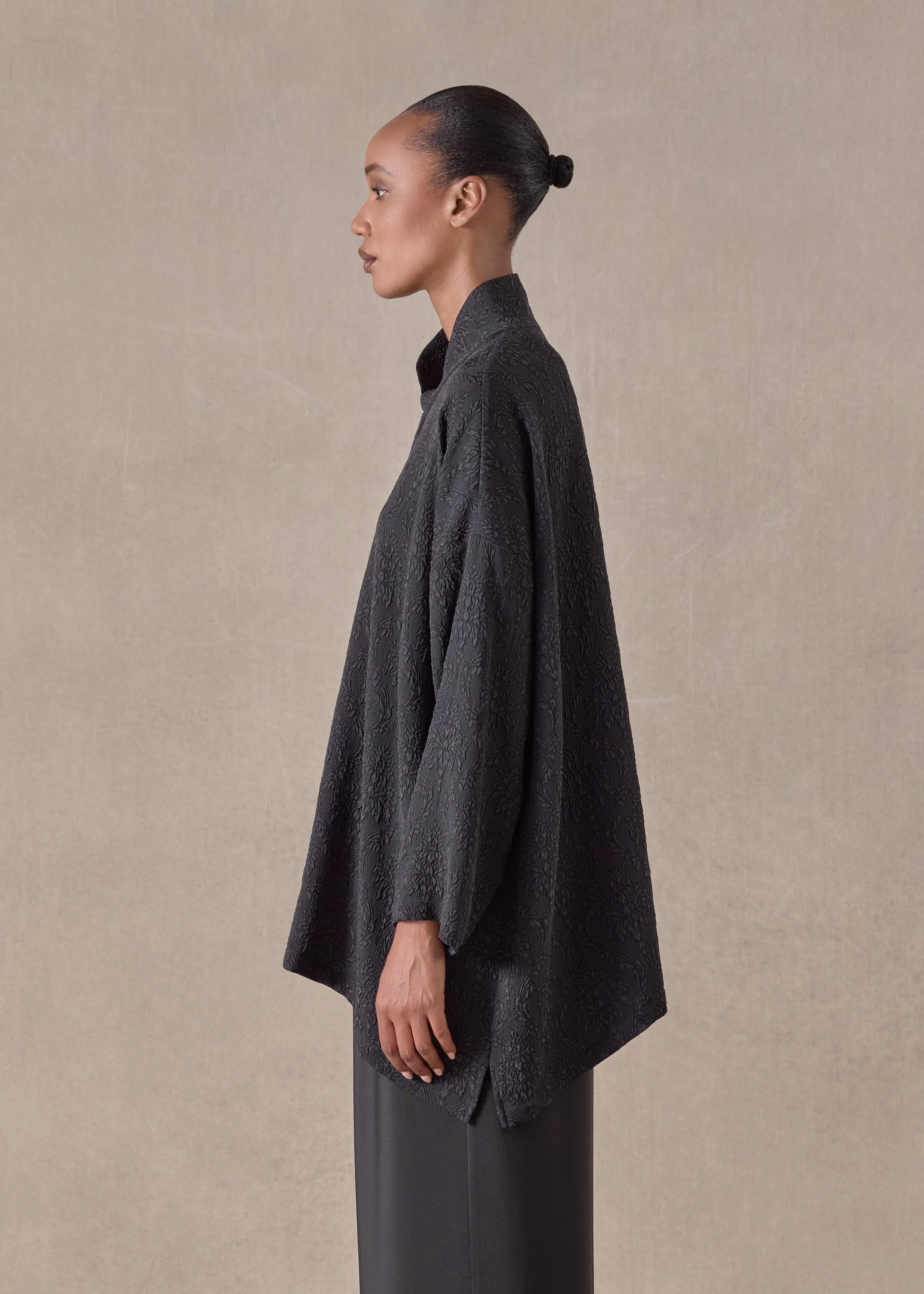 silk wide a-line shirt with chinese collar - long (black) sold by eskandar product image thumbnail 3