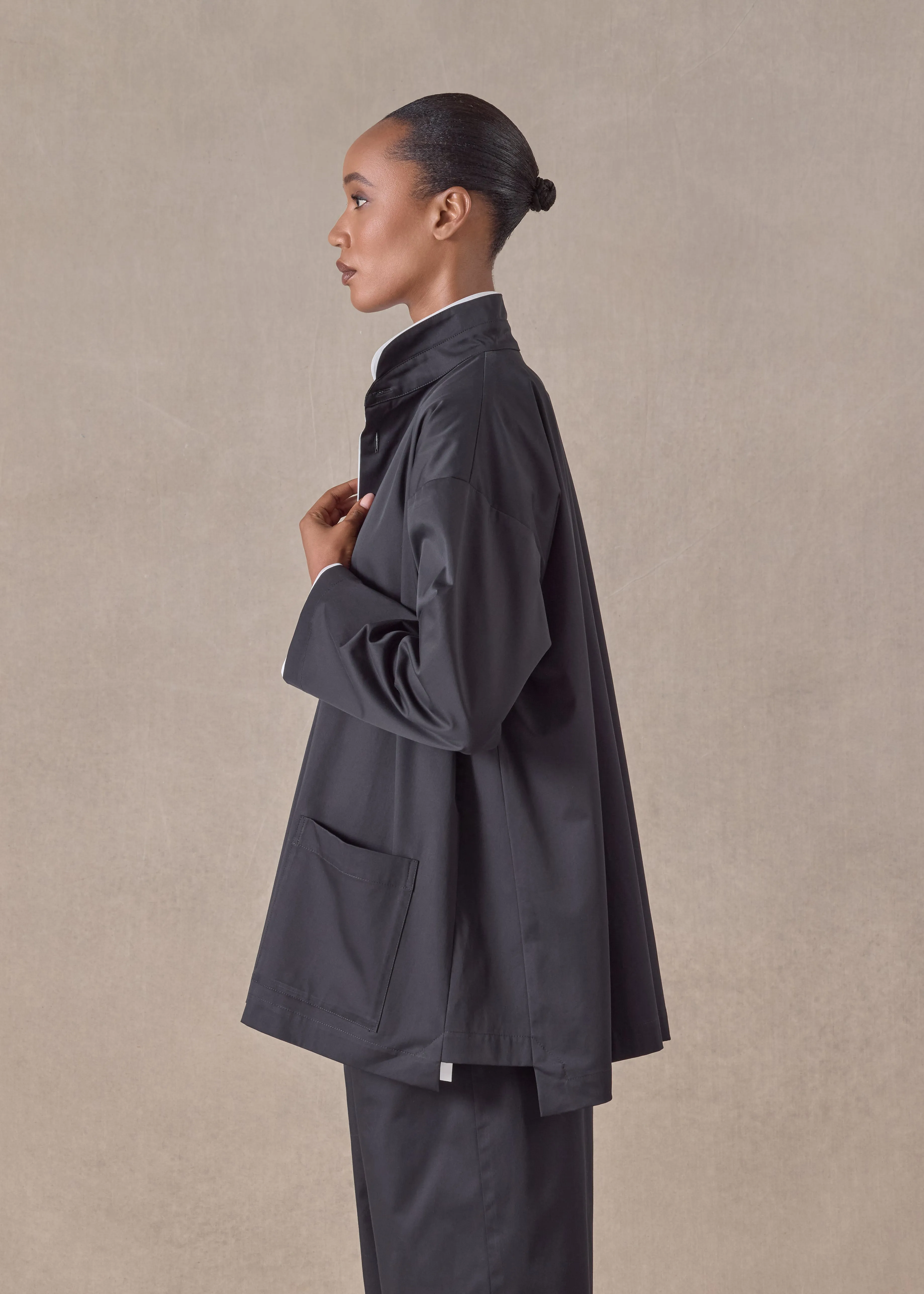 cotton stretch slim a-line double stand collar jacket with stepped insert - long (black) sold by eskandar product image thumbnail 3