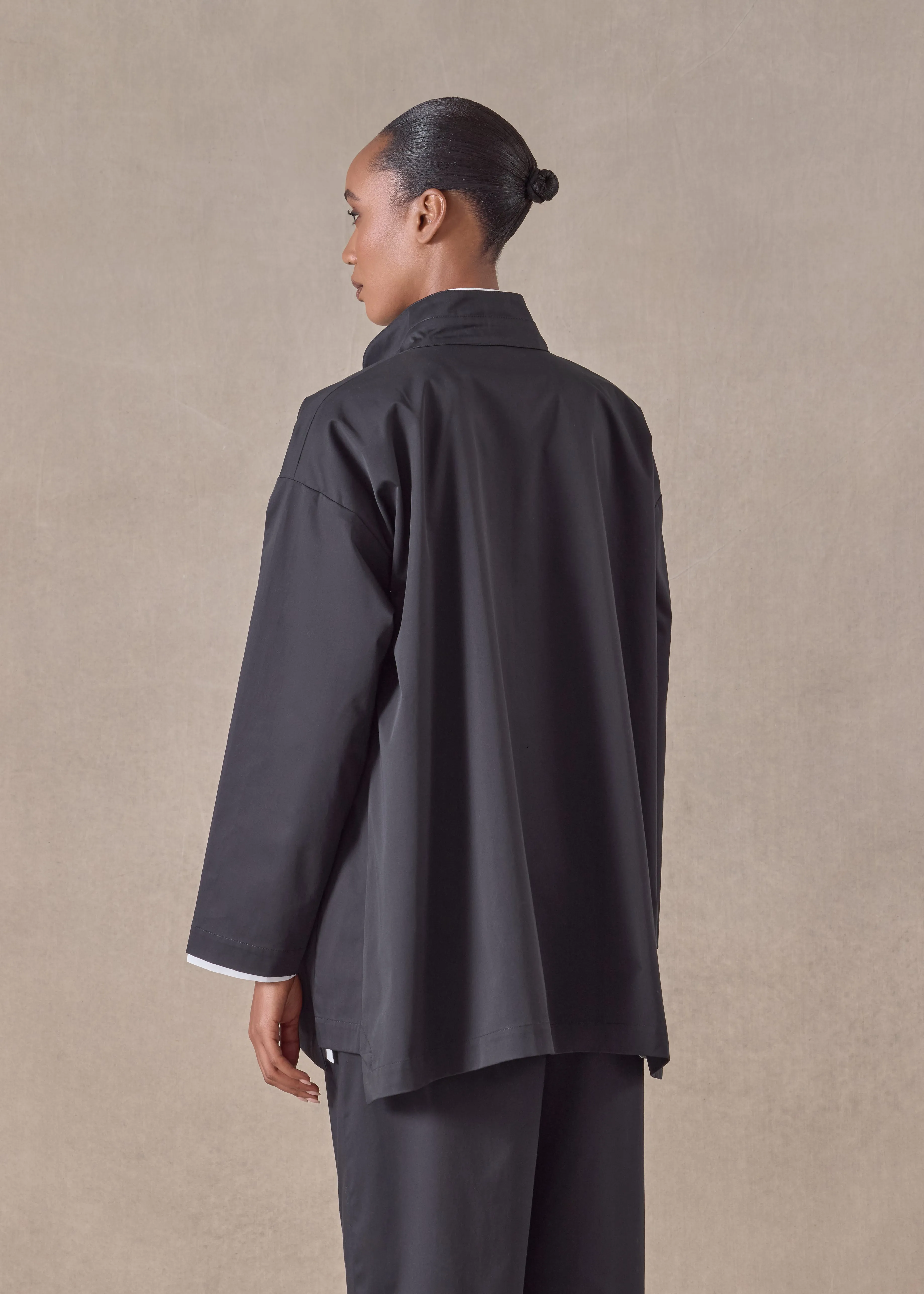 cotton stretch slim a-line double stand collar jacket with stepped insert - long (black) sold by eskandar product image thumbnail 4