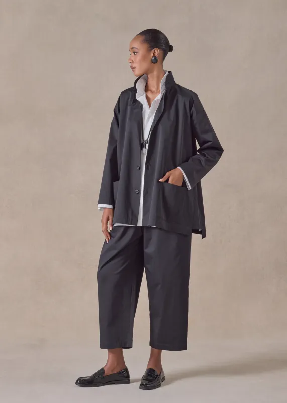 cotton mix silm a-line double stand collar jacket with stepped insert - long (black) sold by eskandar