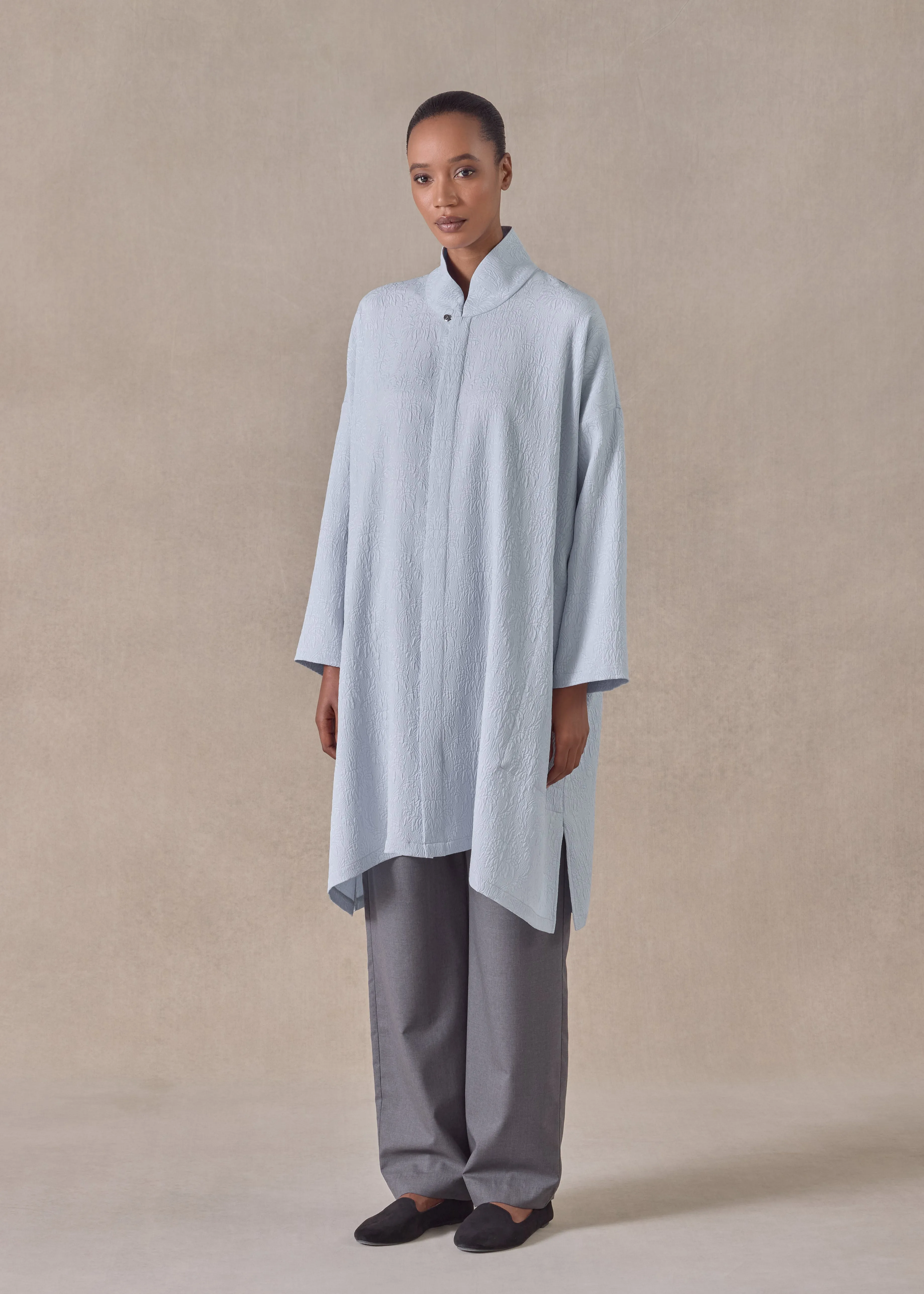 silk wide a-line shirt with chinese collar - very long with slits (bridgertonblue) sold by eskandar product image thumbnail 2
