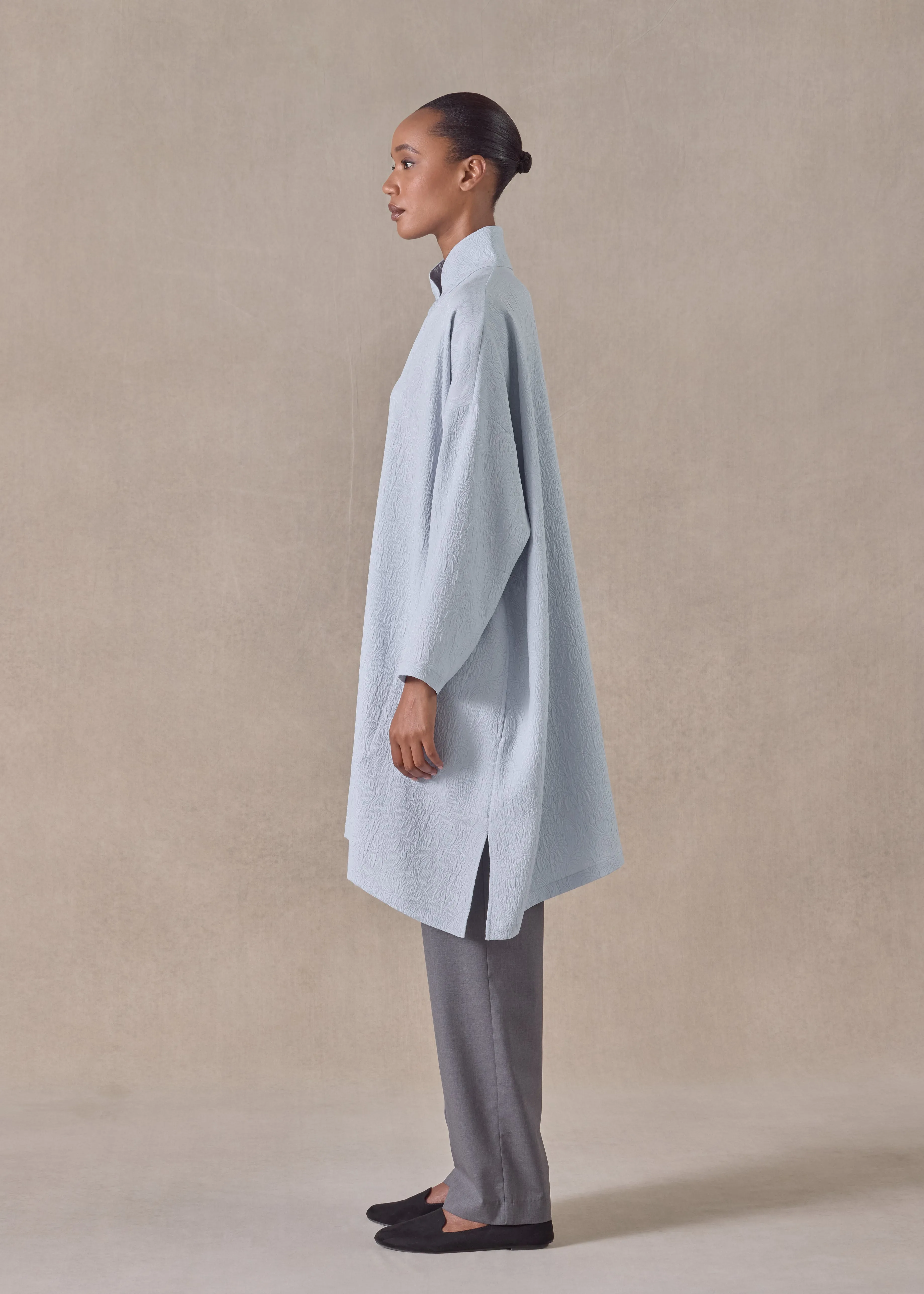 silk wide a-line shirt with chinese collar - very long with slits (bridgertonblue) sold by eskandar product image thumbnail 3