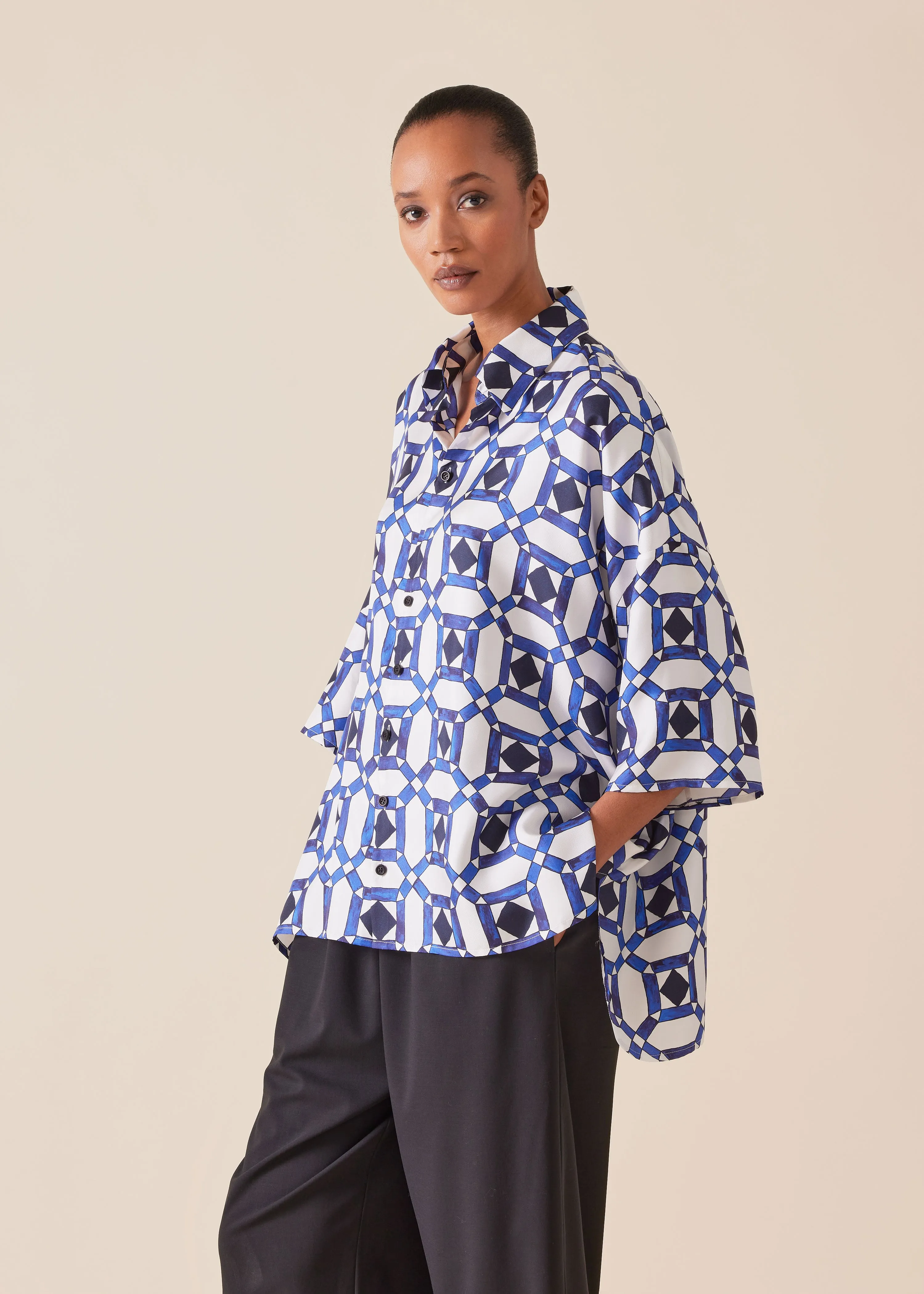 silk sloped shoulder wide a-line short sleeve shirt with collar - mid plus sold by eskandar