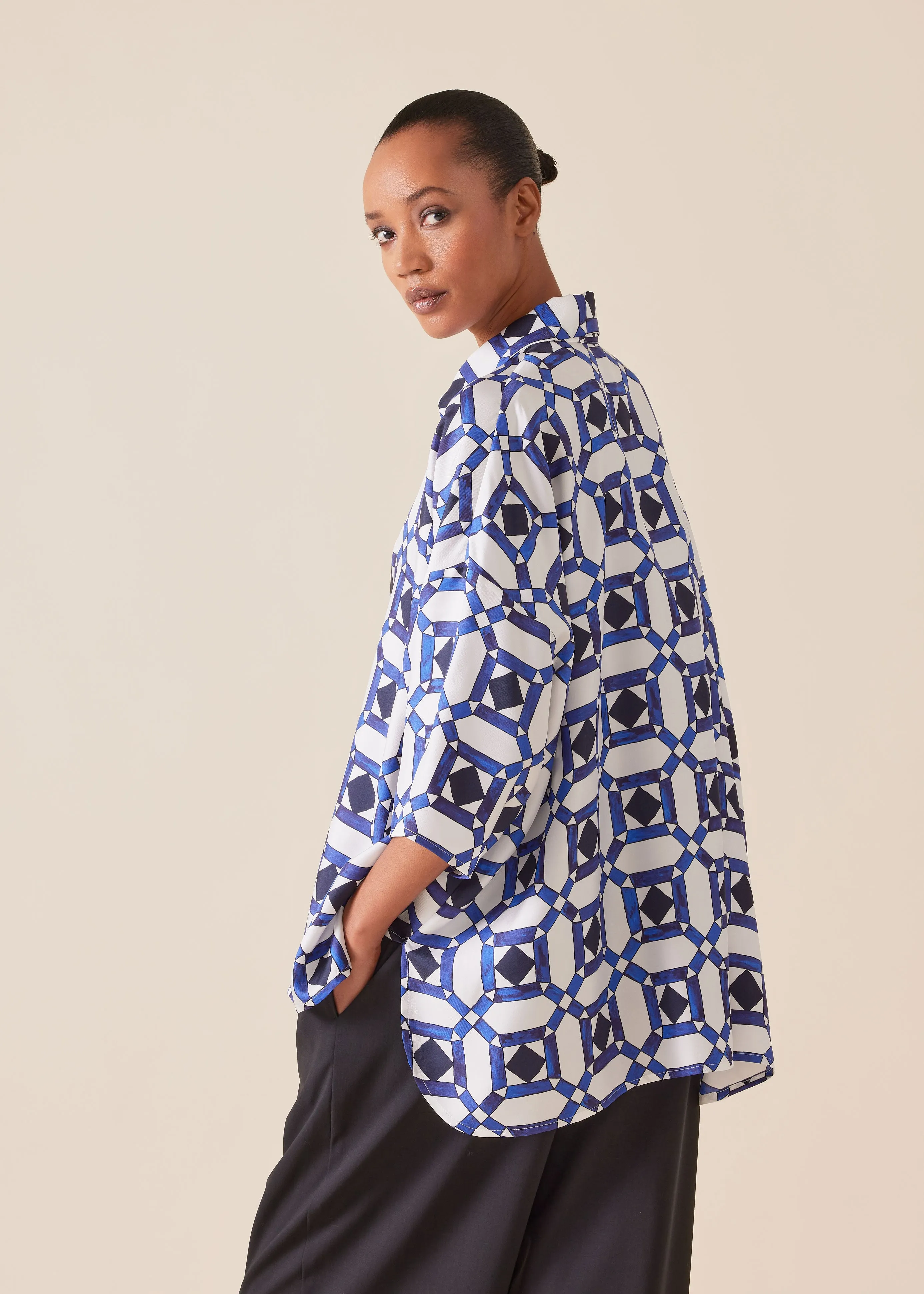 silk sloped shoulder wide a-line short sleeve shirt with collar - mid plus sold by eskandar product image thumbnail 2