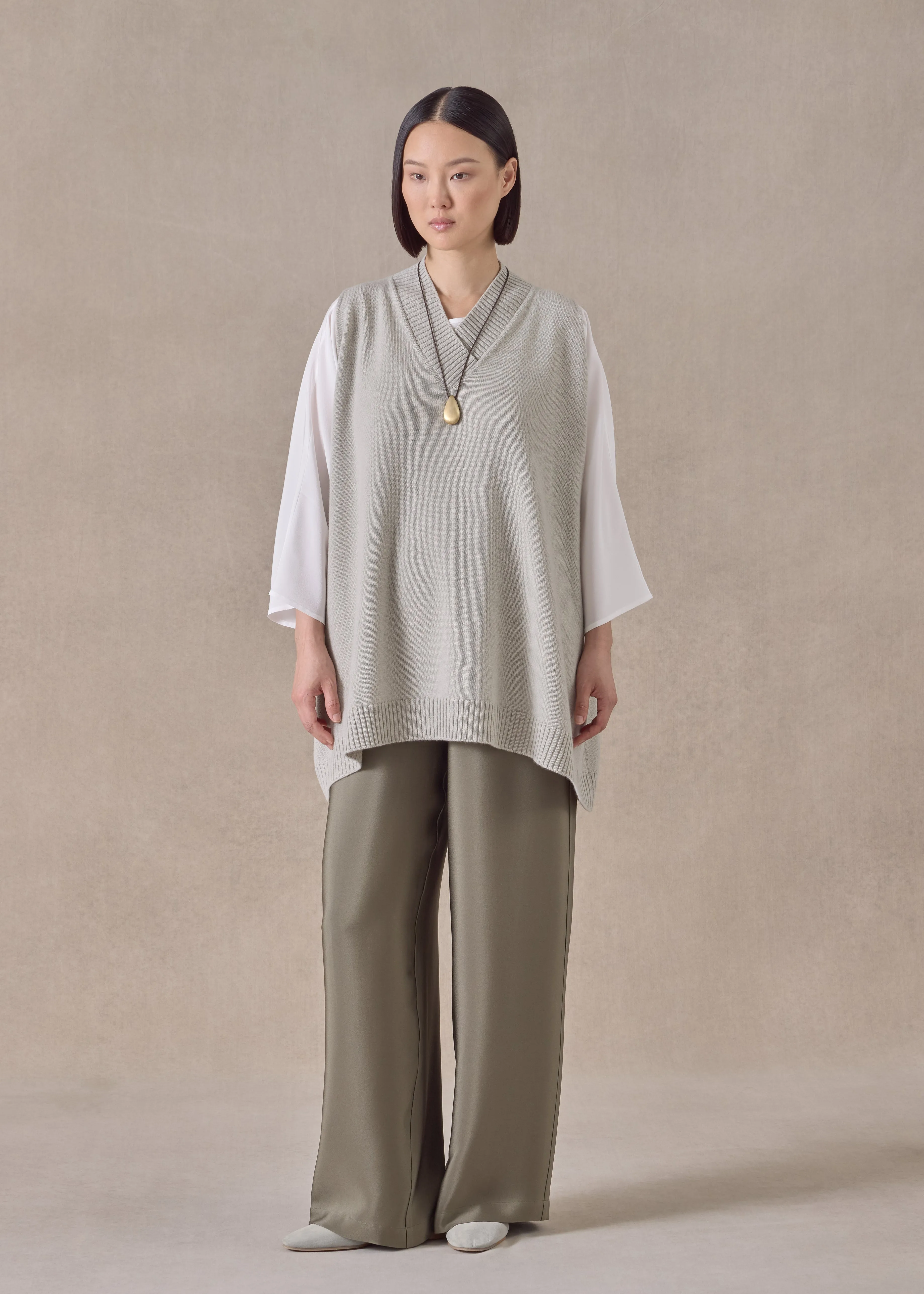 cashmere a-line sleeveless cross over v-neck - long mastic (mastic) sold by eskandar