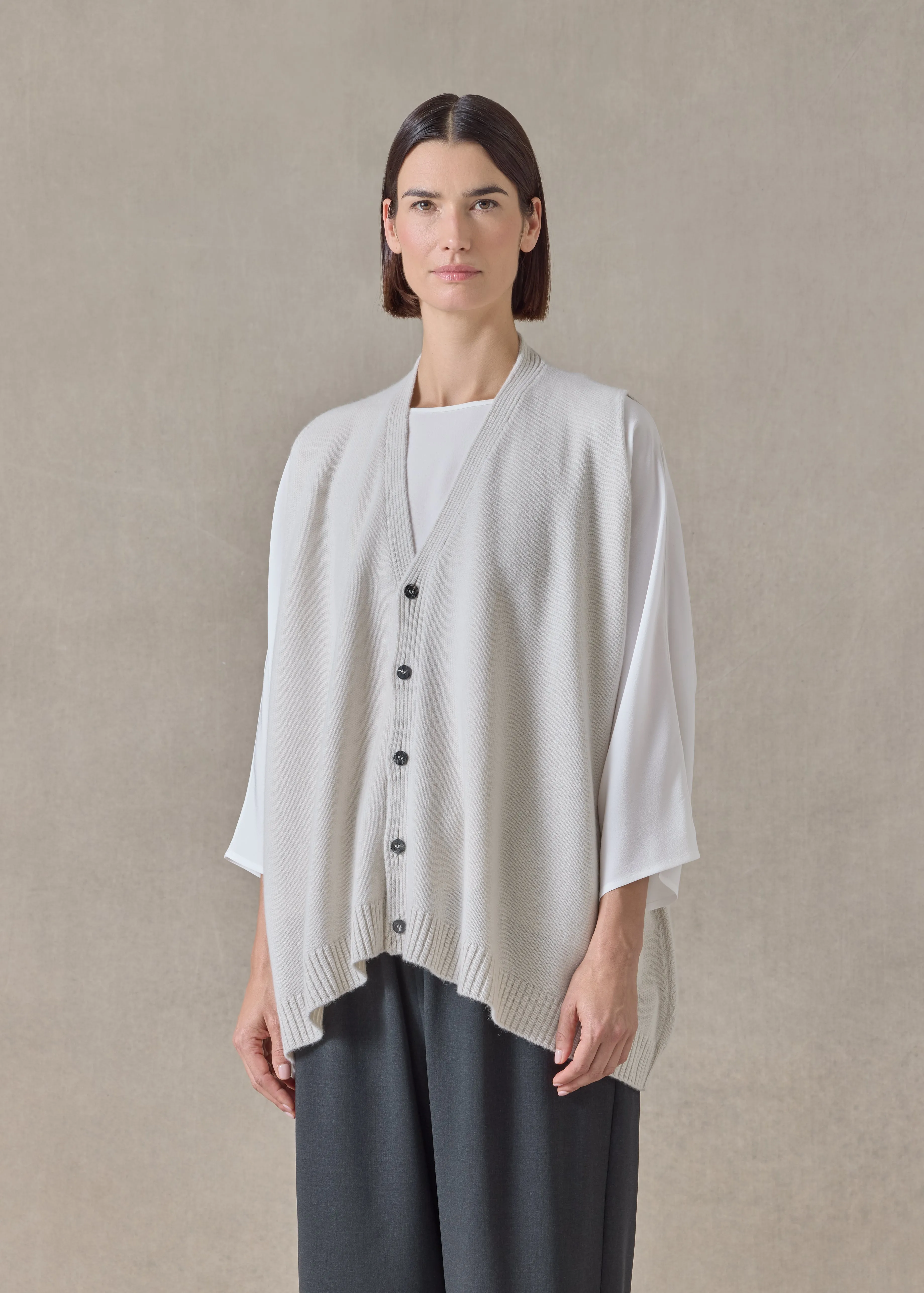 cashmere a-line sleeveless v neck cardigan - mid plus (wispgrey) sold by eskandar product image thumbnail 2