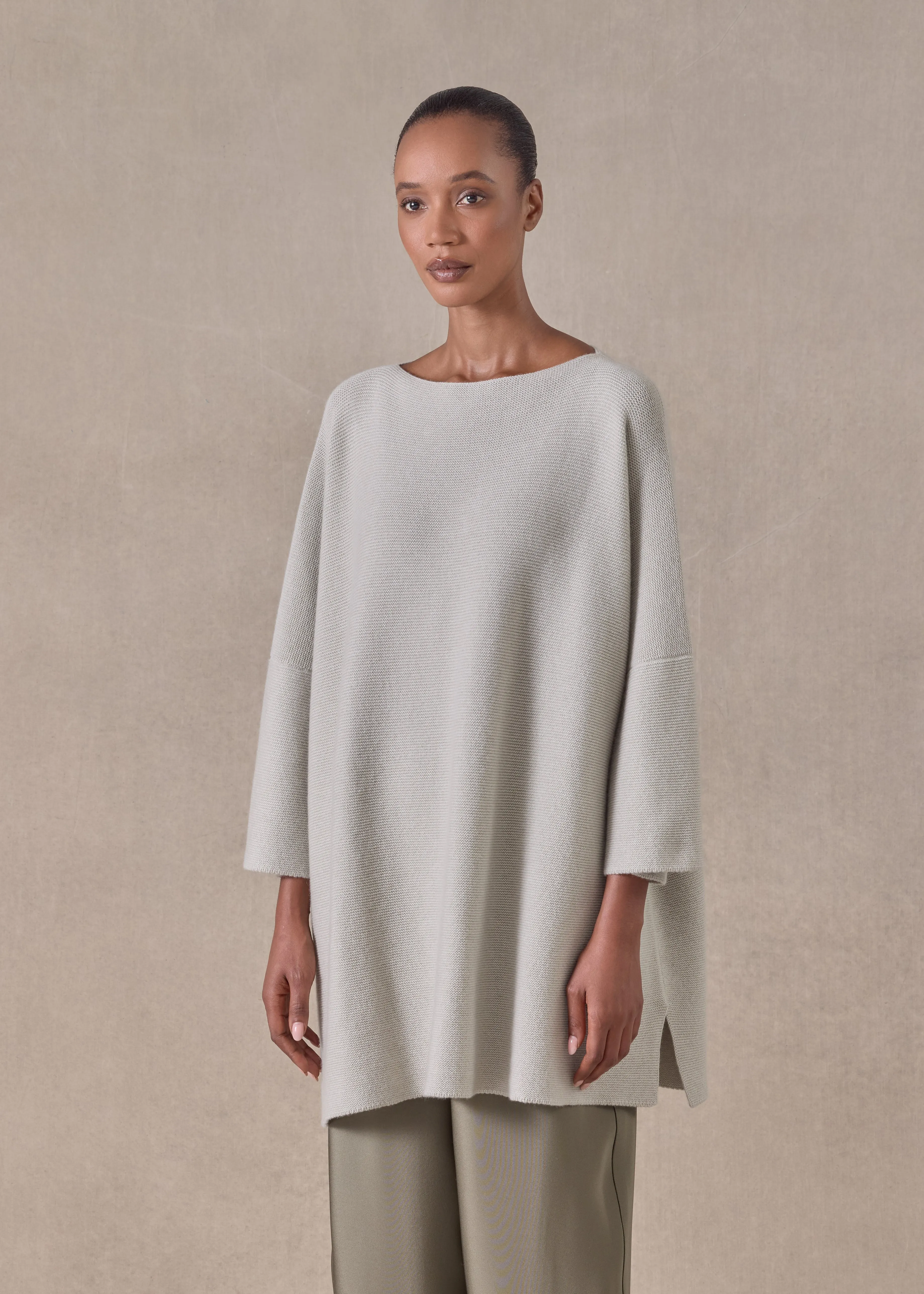 cashmere slash neck 3/4 sleeve sweater - long plus with slits (mastic) sold by eskandar product image thumbnail 2