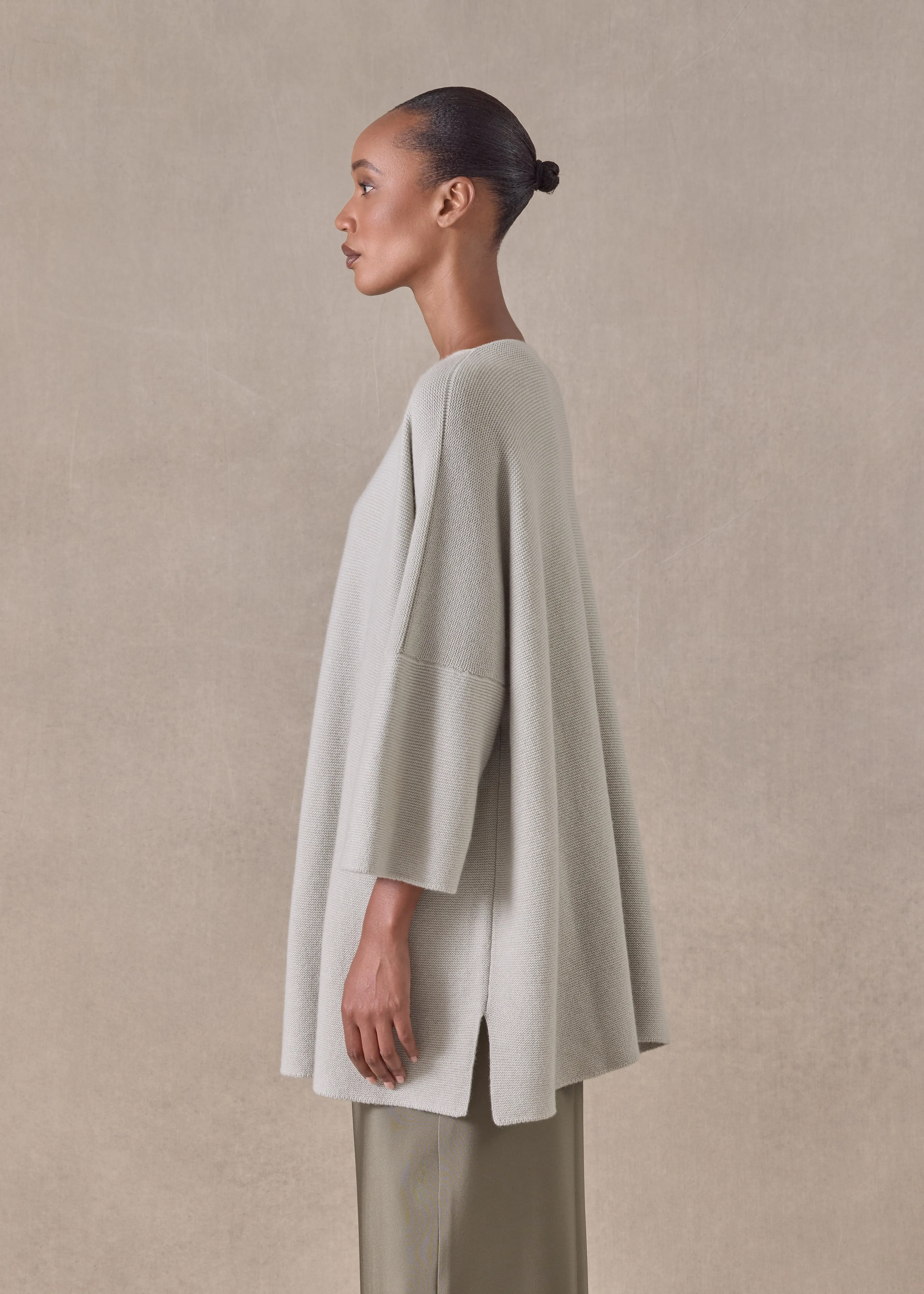 cashmere slash neck 3/4 sleeve sweater - long plus with slits (mastic) sold by eskandar product image thumbnail 3