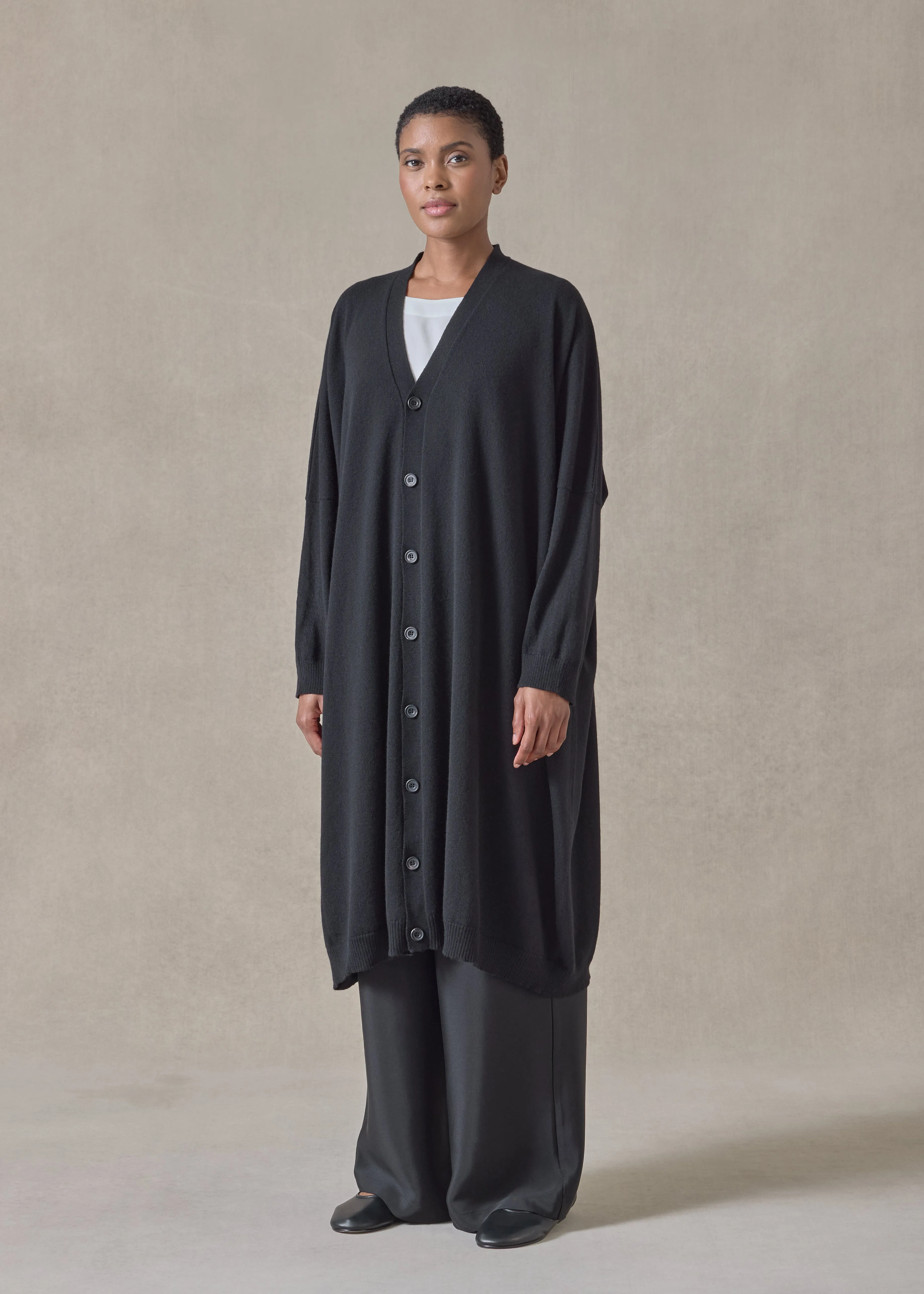 cashmere wide v neck cardigan - 3/4 length (black) sold by eskandar product image thumbnail 2