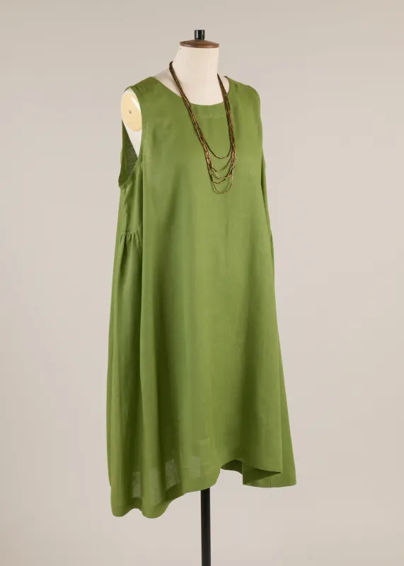 linen 3/4 length side pleated sleeveless dress sold by eskandar