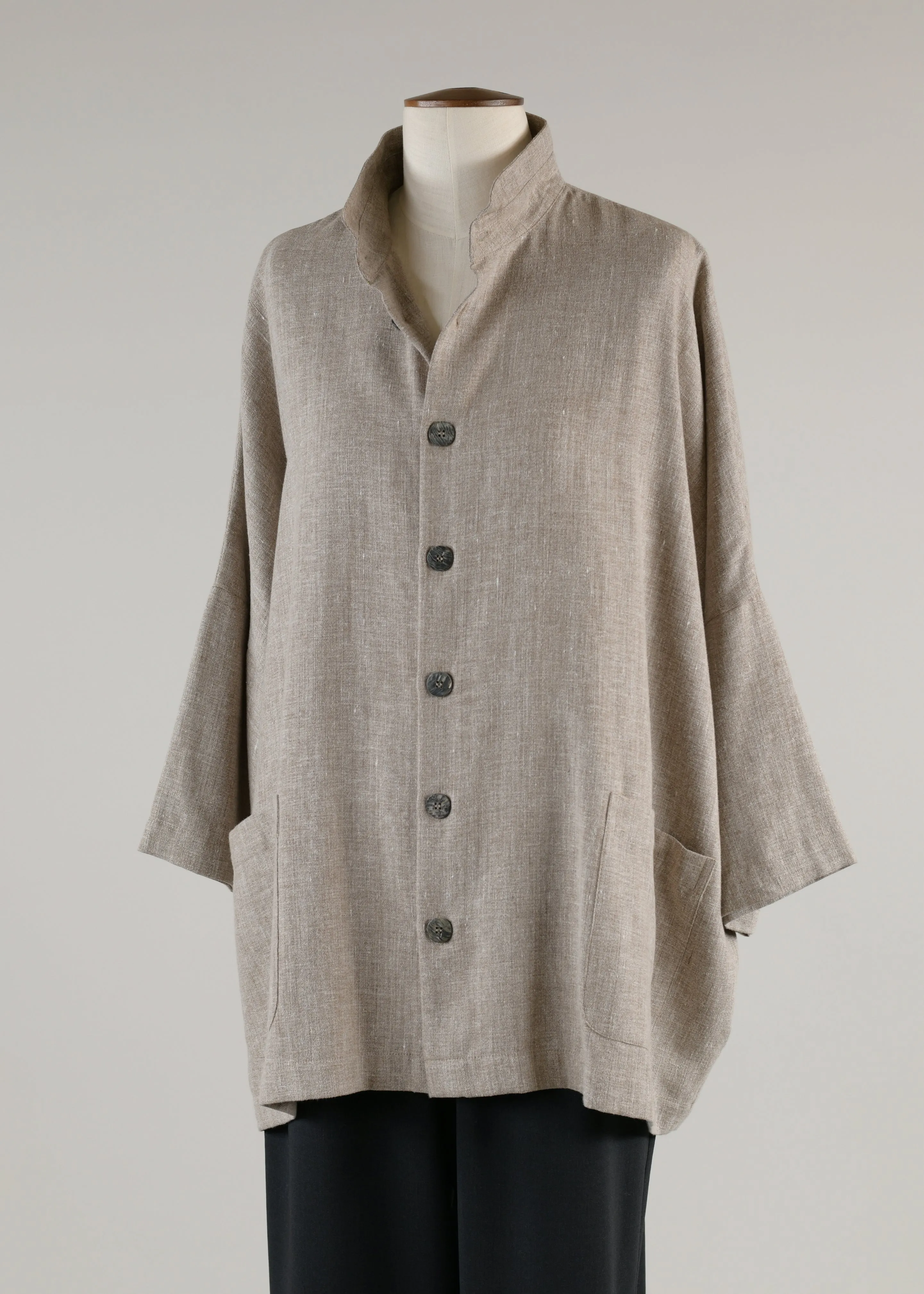 linen mix sloped shldr jckt w/dbl stnd col - long (3/4slv) sold by eskandar