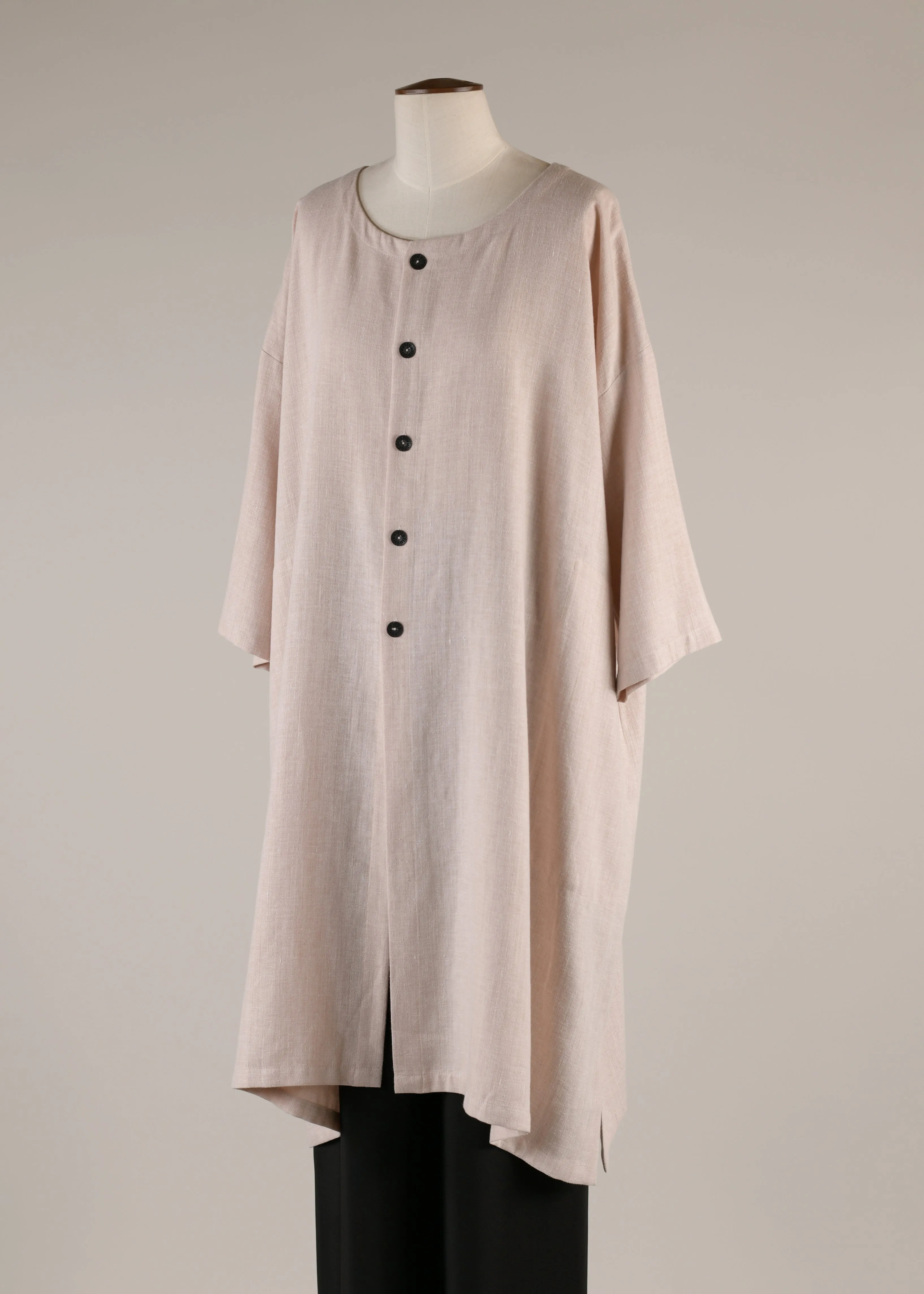 linen mix 3/4 sleeve wide a-line round neck coat - very long (dusty pink) sold by eskandar