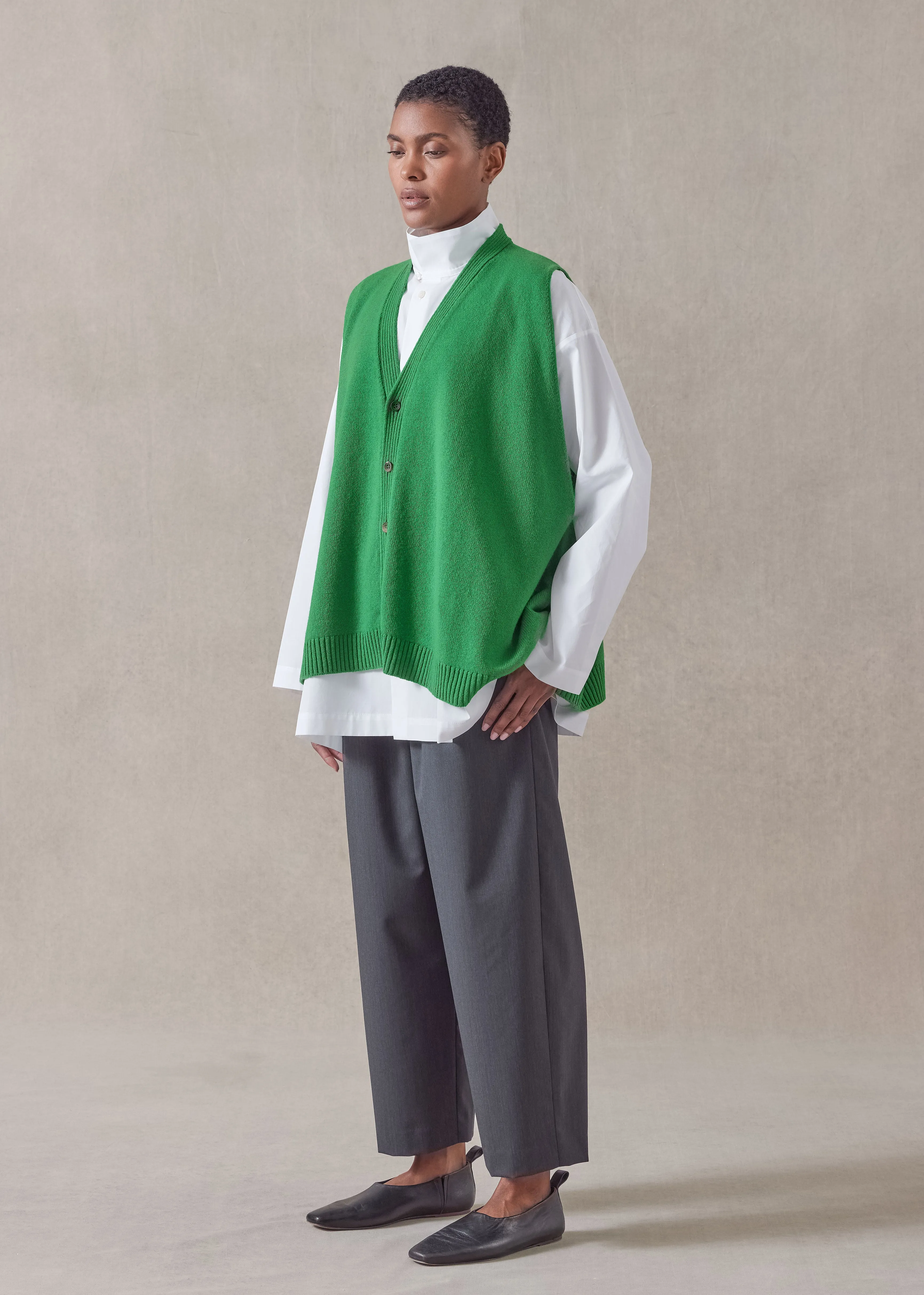 cashmere a-line sleeveless v neck cardigan - mid plus sold by eskandar