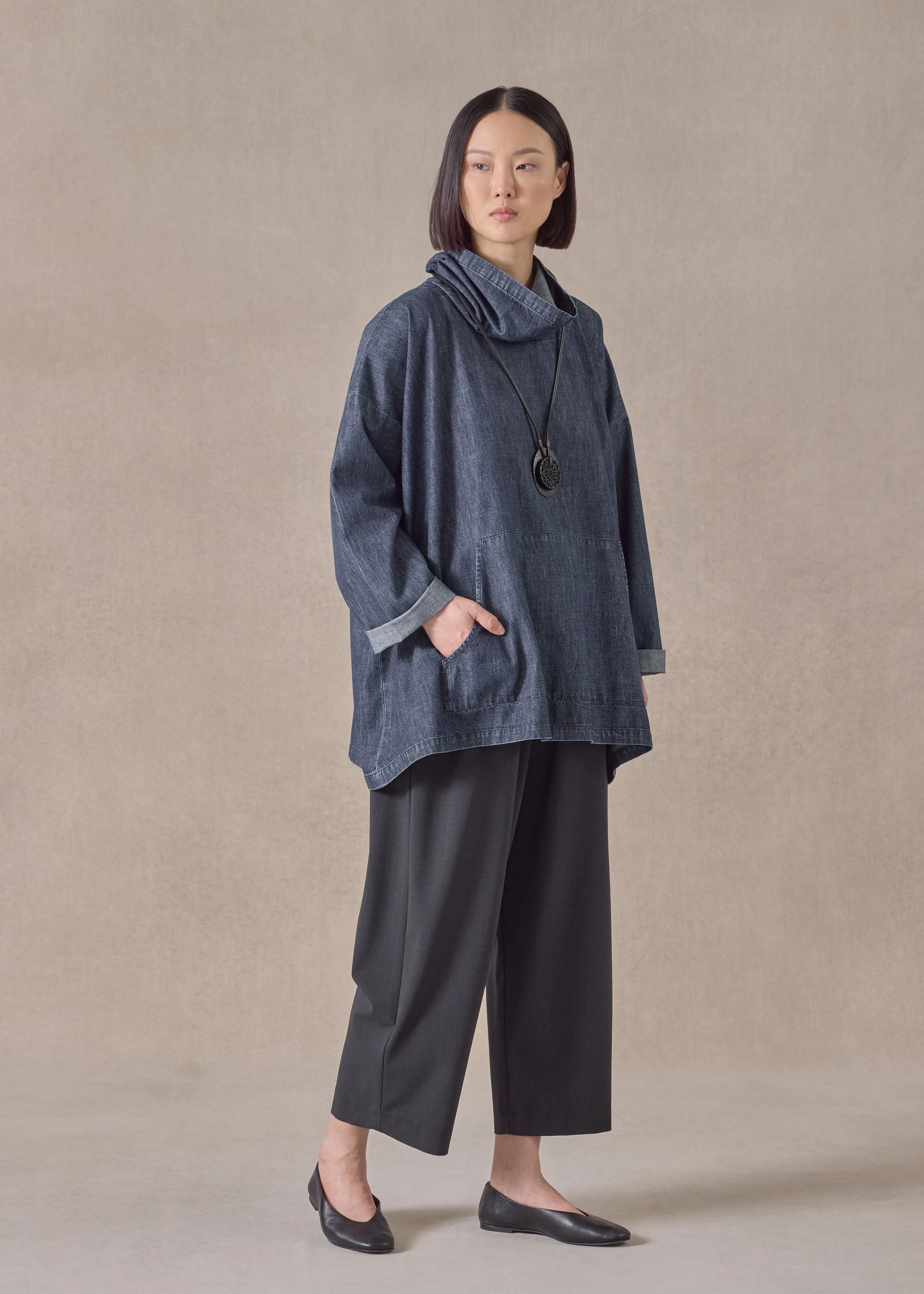 cotton denim wide a-line monks top - long (jeandark) sold by eskandar