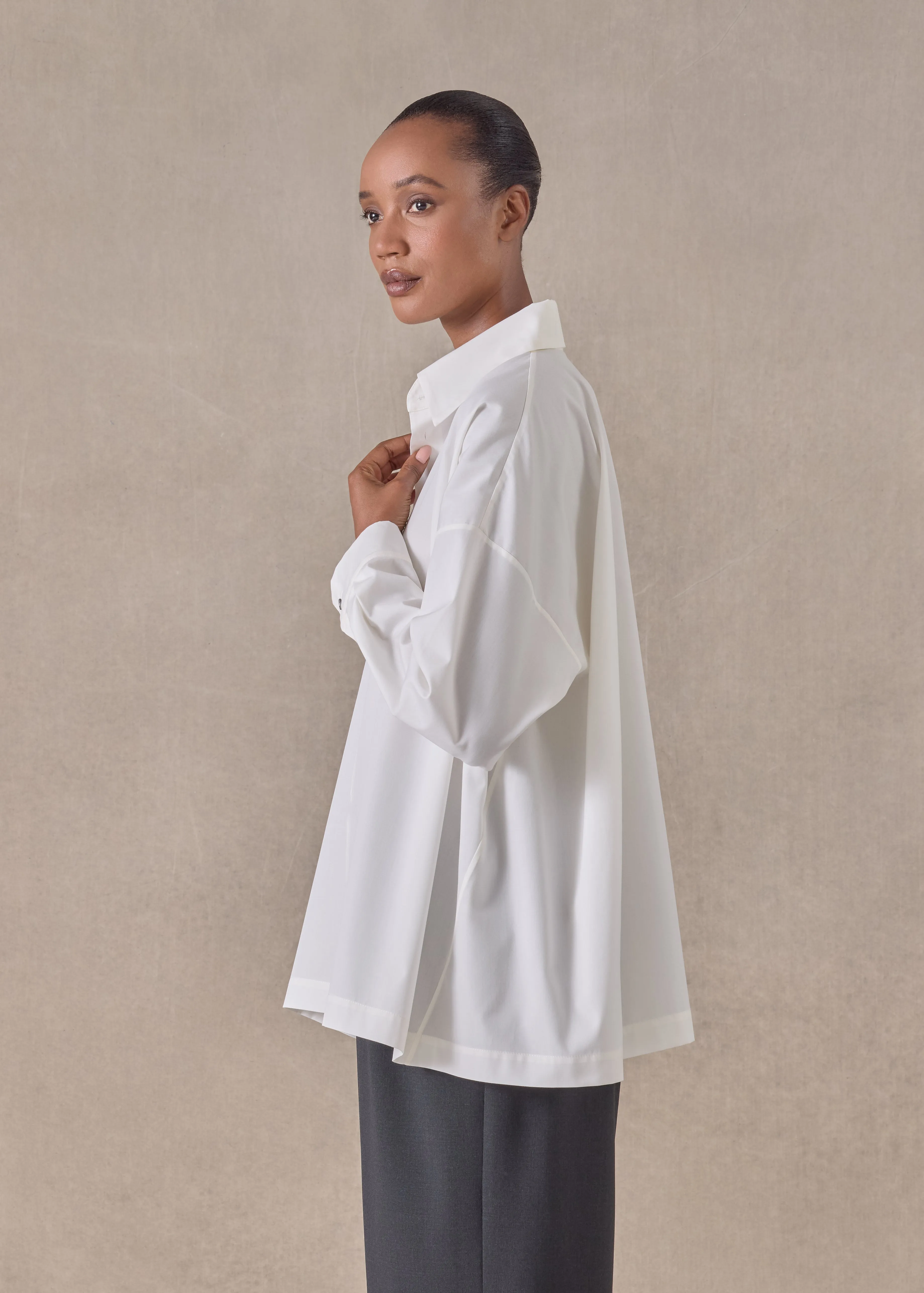 cotton angle to front side seam shirt with collar - long (ivory) sold by eskandar product image thumbnail 3