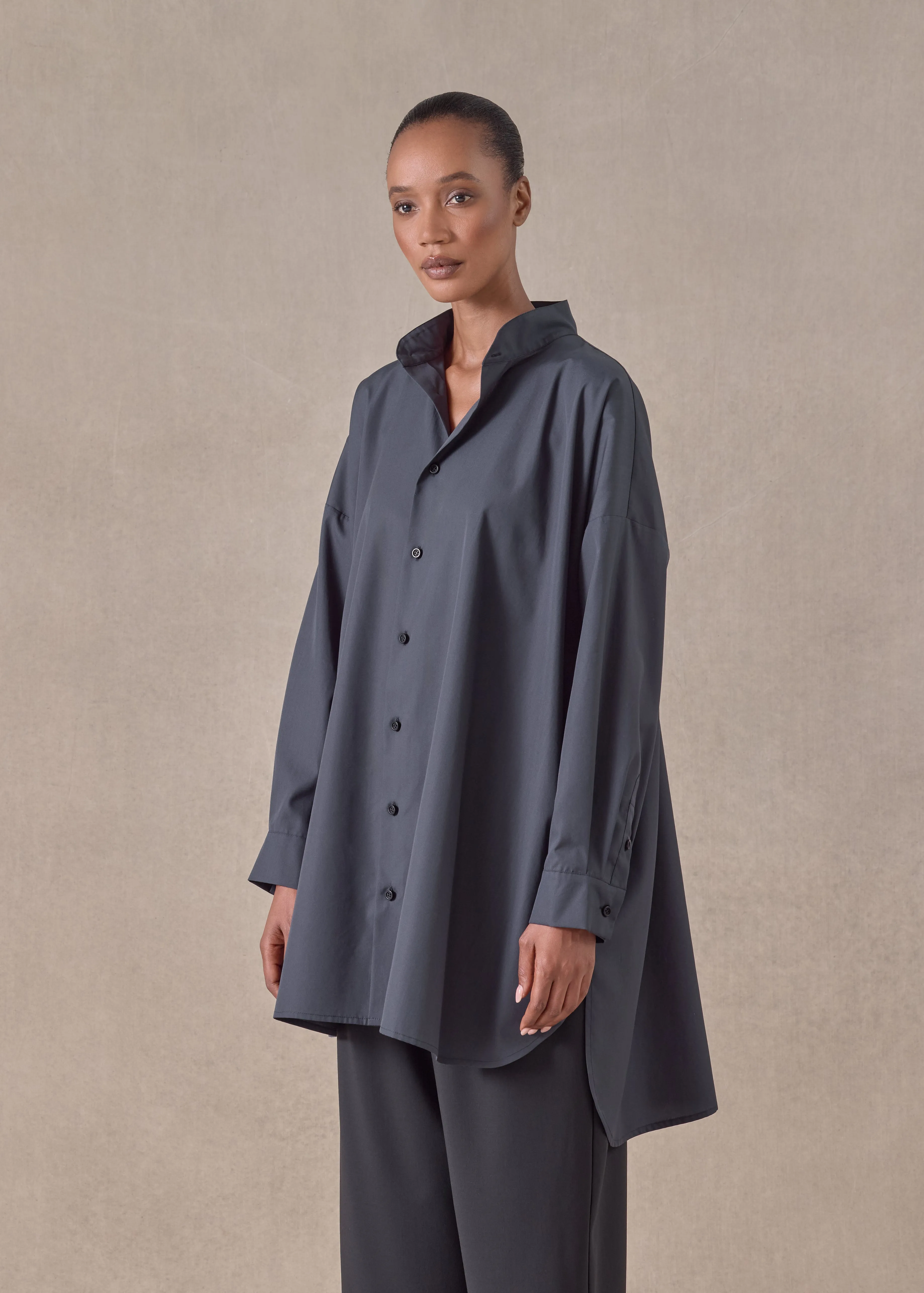 cotton wide a-line collarless classic shirt - long plus (pencil) sold by eskandar product image thumbnail 2