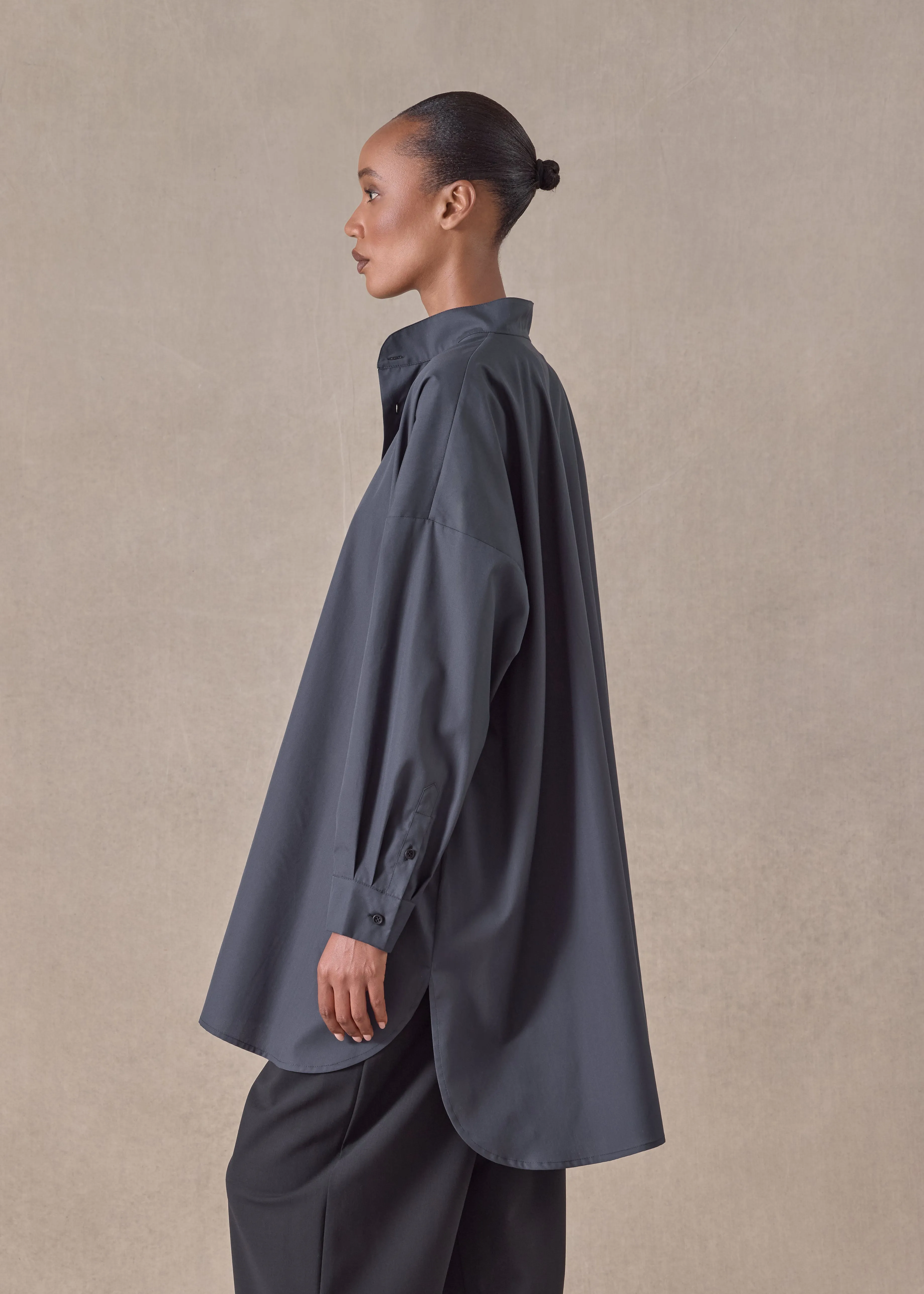 cotton wide a-line collarless classic shirt - long plus (pencil) sold by eskandar product image thumbnail 3