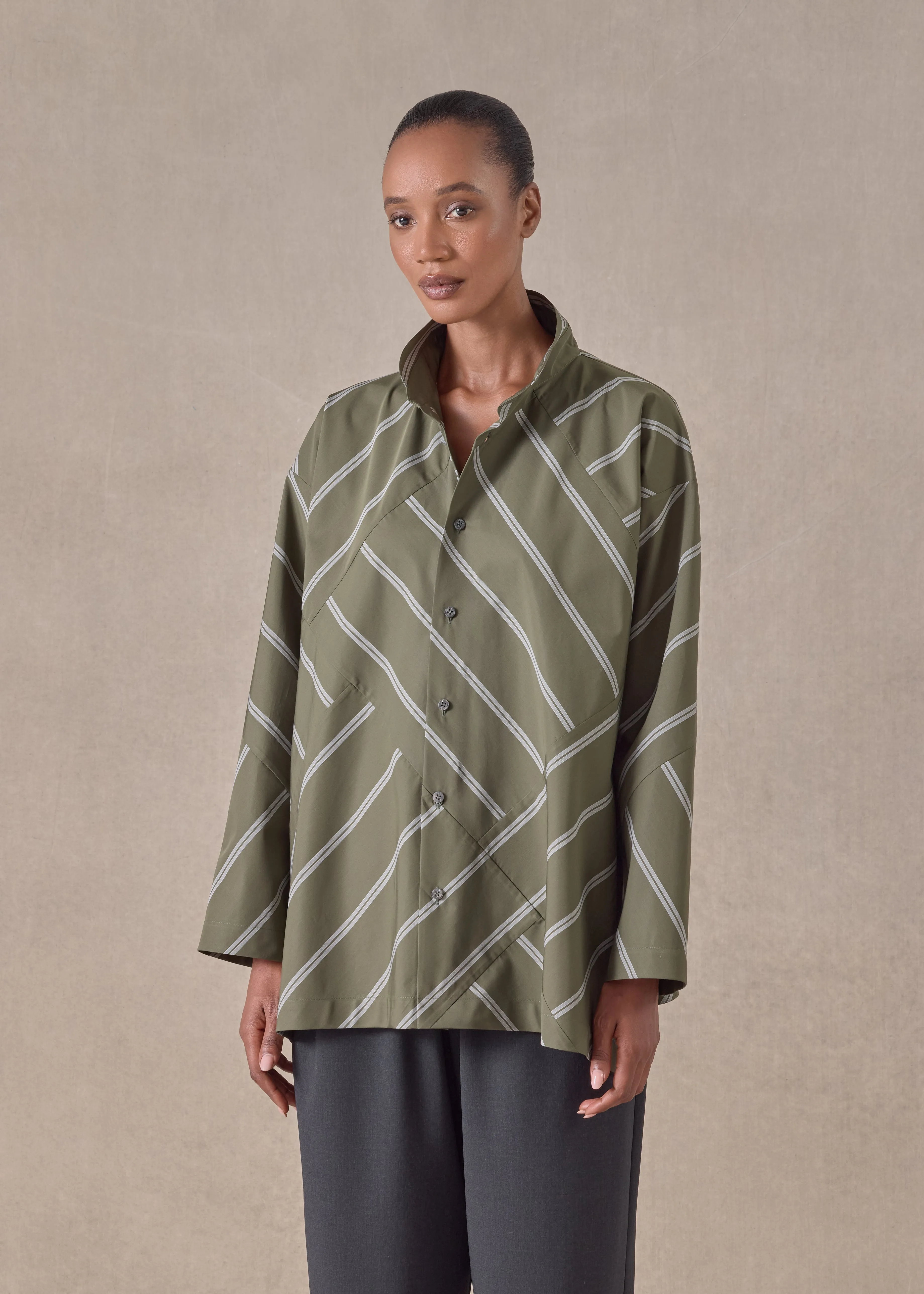 cotton slim a-line double stand collar patchwork shirt with stepped insert (olive) sold by eskandar product image thumbnail 2