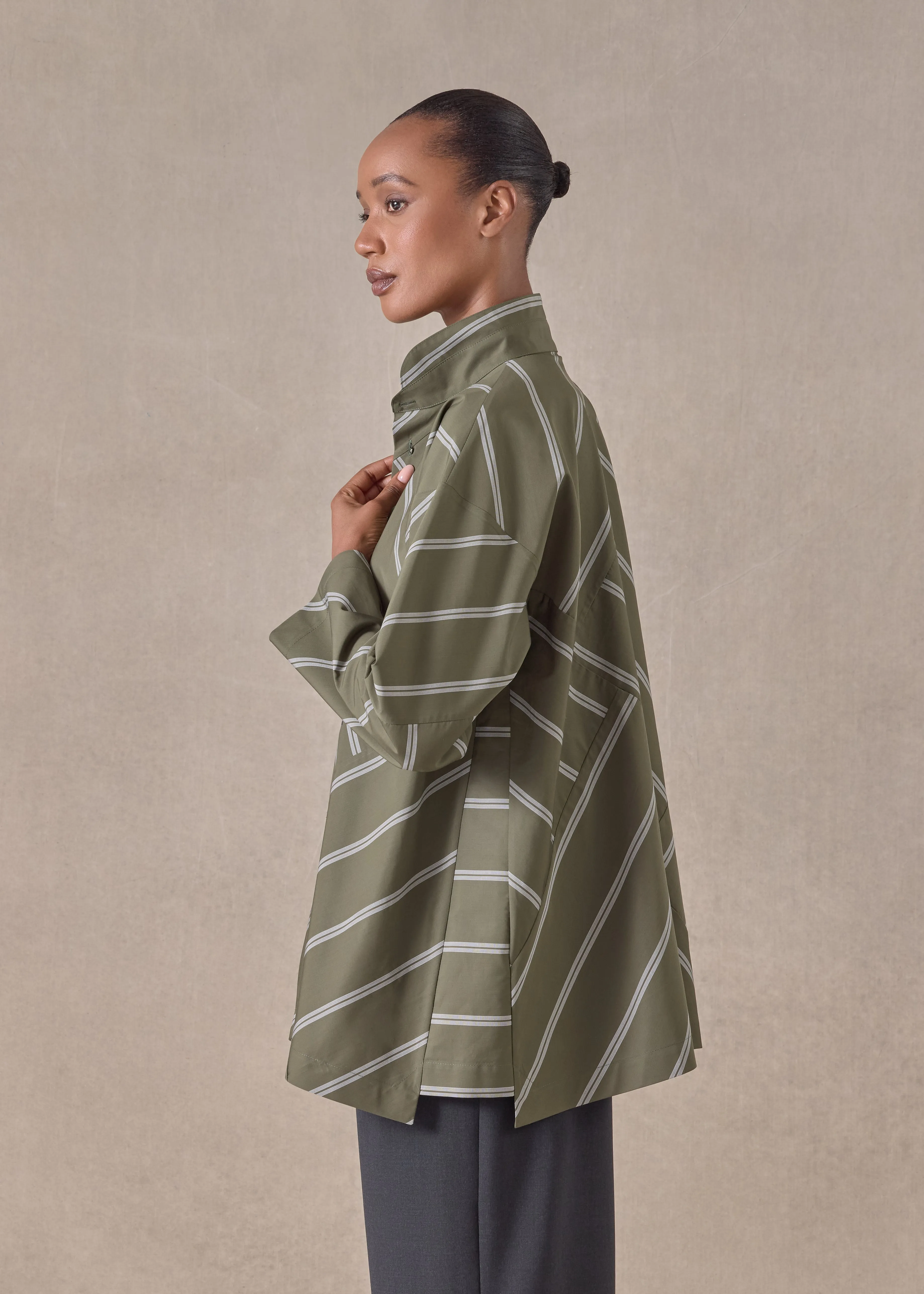 cotton slim a-line double stand collar patchwork shirt with stepped insert (olive) sold by eskandar product image thumbnail 3