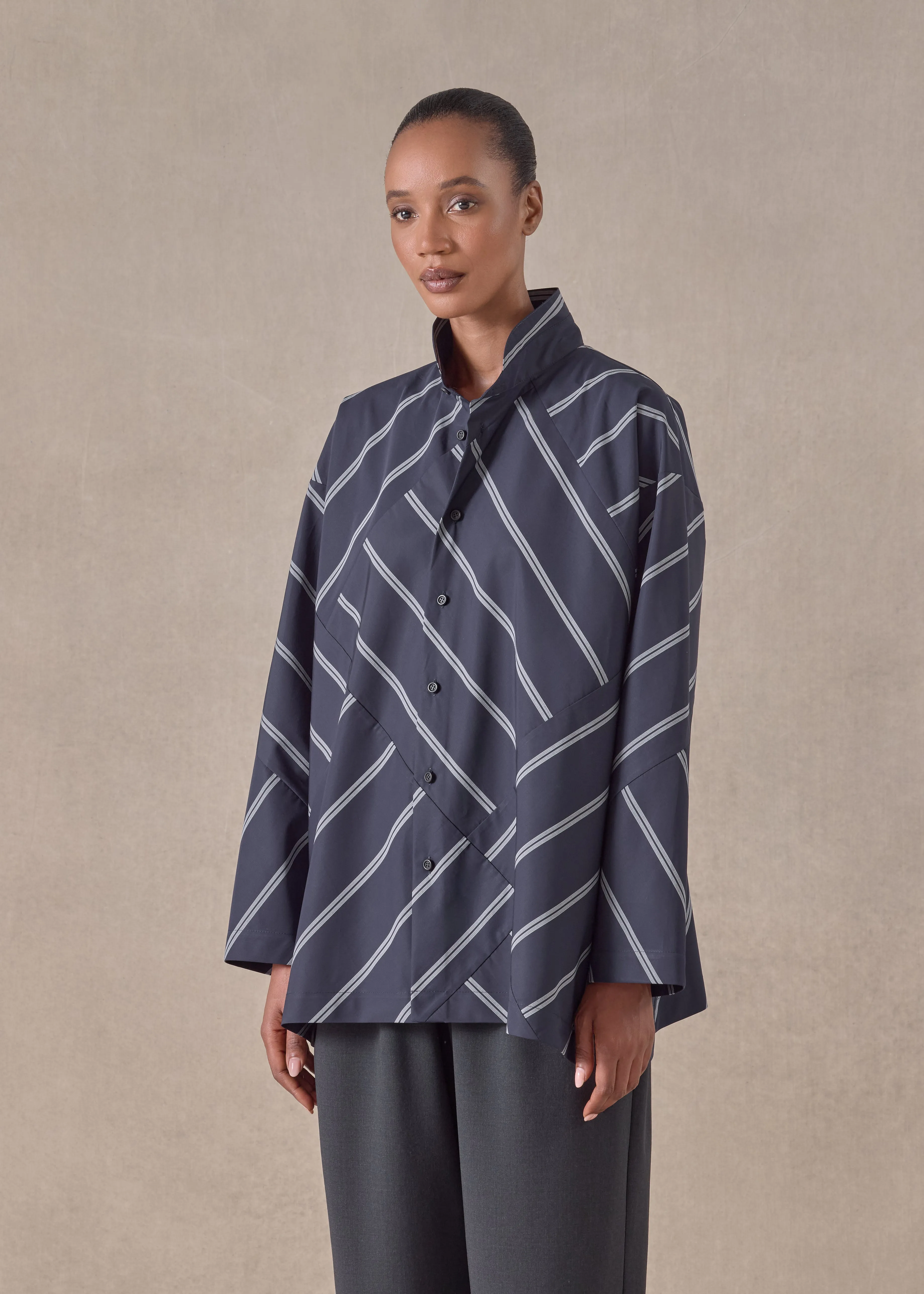 cotton slim a-line double stand collar shirt with stepped insert (patchwork) sold by eskandar product image thumbnail 2