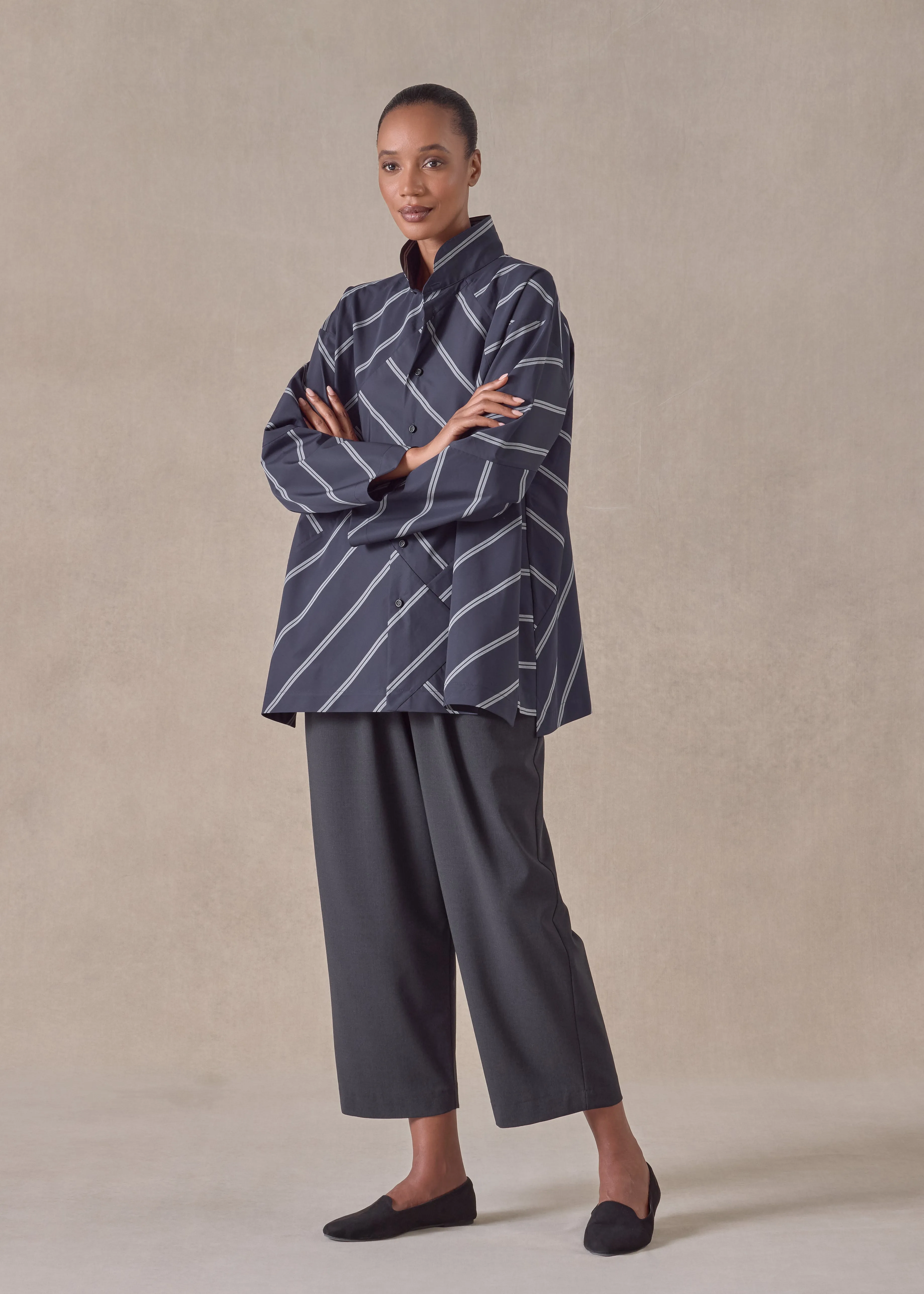 cotton slim a-line double stand collar shirt with stepped insert (patchwork) sold by eskandar