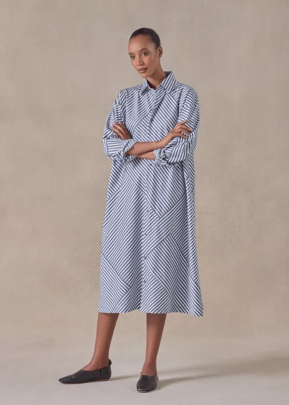 cotton slim a-line patchwork shirt dress with collar and stepped insert -3/4 length (inky) sold by eskandar