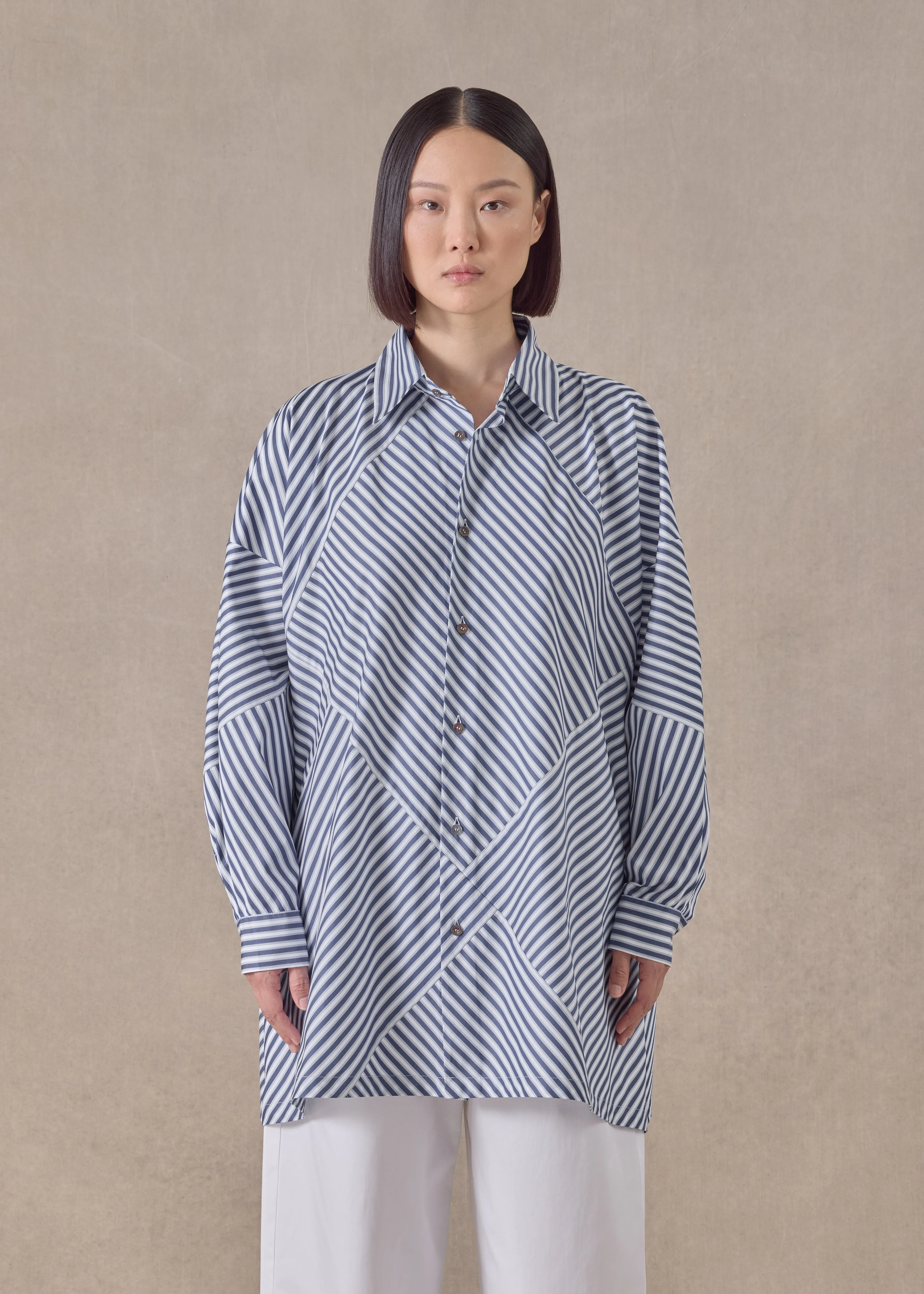 cotton wide a-line patchwork shirt with collar - long (inky) sold by eskandar product image thumbnail 2