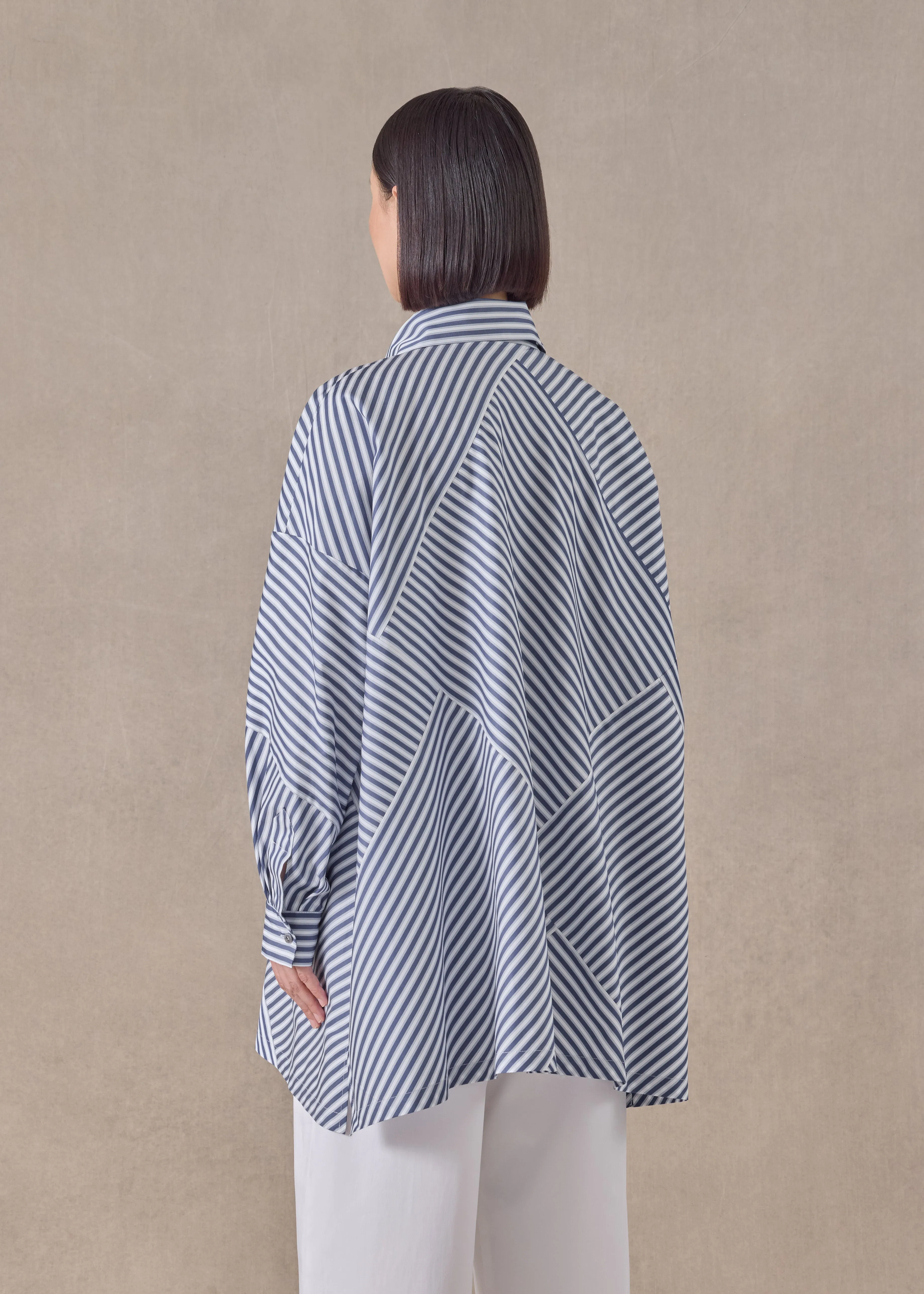 cotton wide a-line patchwork shirt with collar - long (inky) sold by eskandar product image thumbnail 4