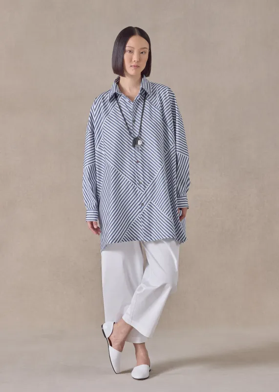 cotton wide a-line patchwork shirt with collar - long (inky) sold by eskandar