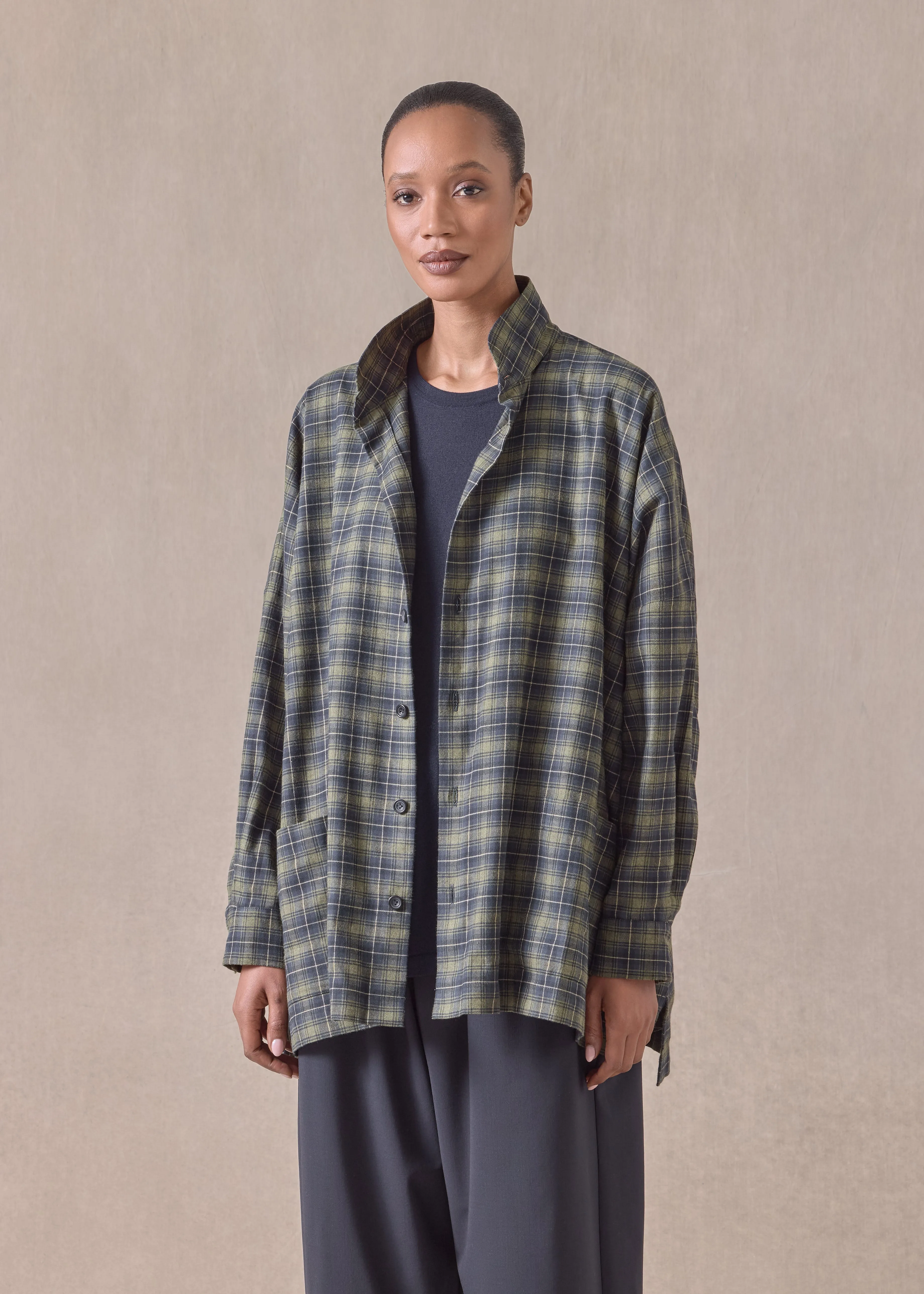 cotton wide longer back double stand collar shirt jacket - long (olivenavy) sold by eskandar product image thumbnail 2