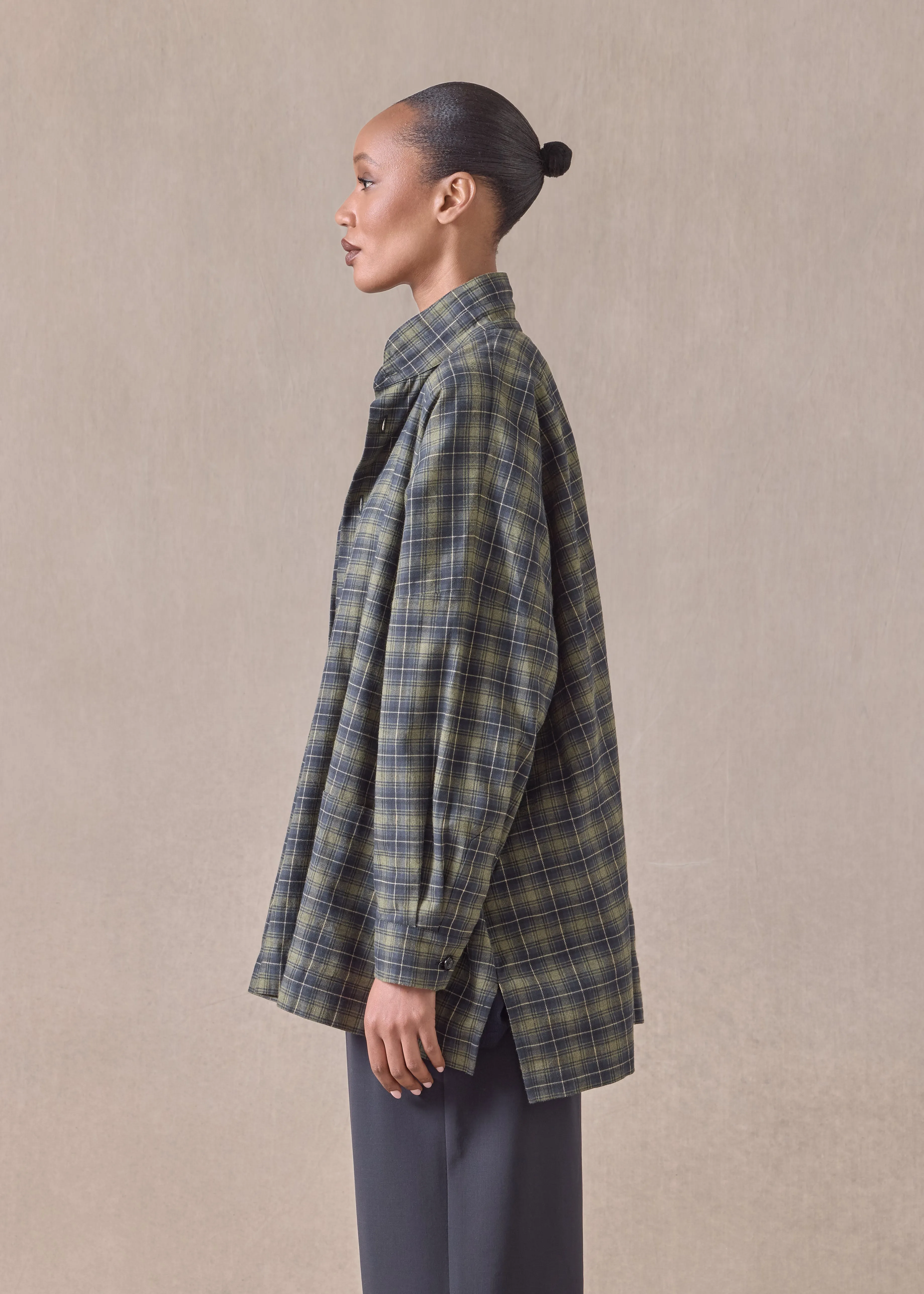 cotton wide longer back double stand collar shirt jacket - long (olivenavy) sold by eskandar product image thumbnail 3